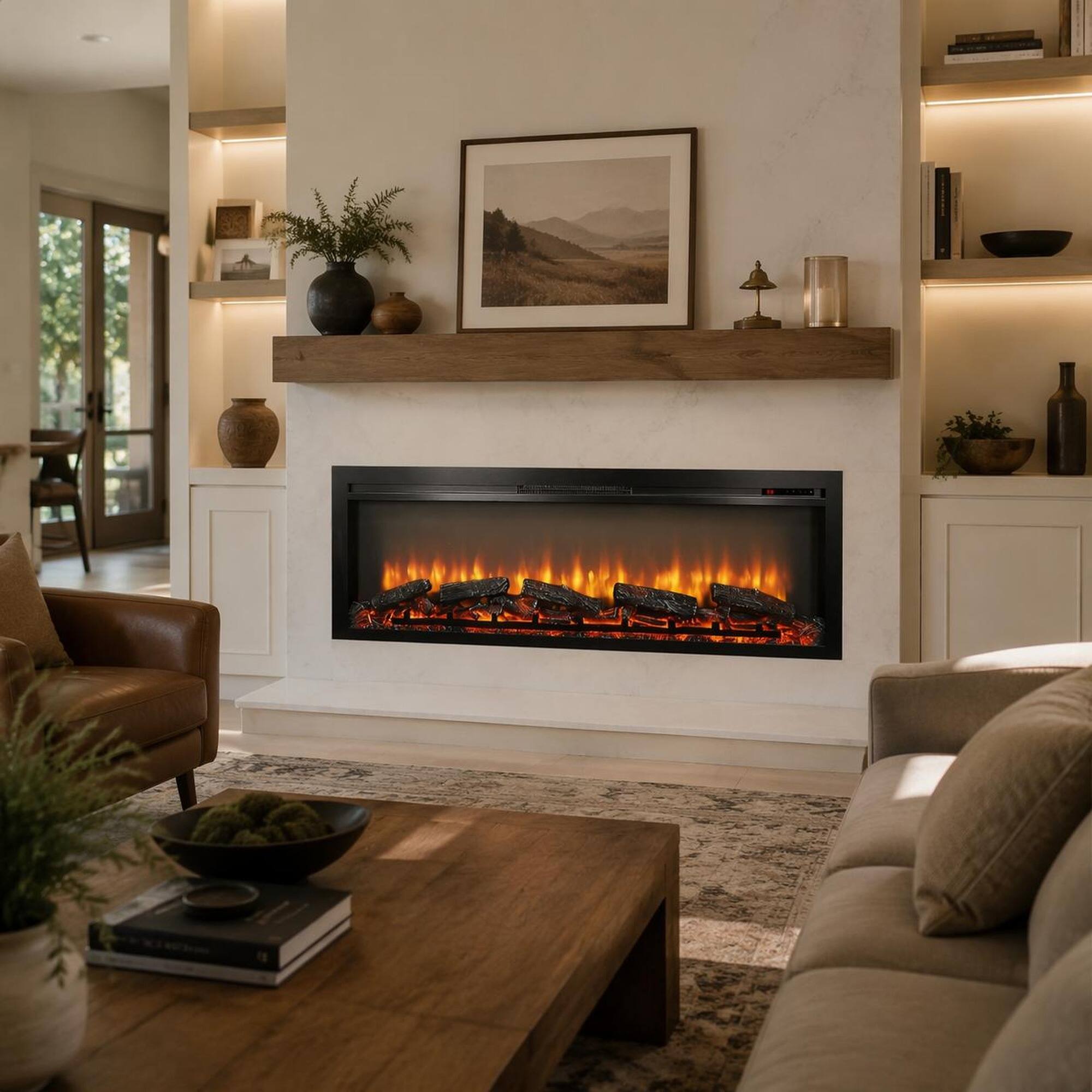 Left. RYHNUYNE - 54 Inch In-Wall Recessed Electric Fireplace with Remote & Multi-Color Flame & Emberbed for Living Room - Antique Black.