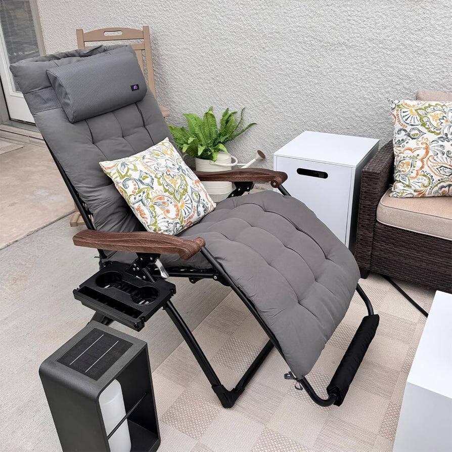 Back. PURPLE LEAF - Widened Patio Reclining Chair Zero Gravity Chaise Lounge Folding Chair with Removable Cushion Adjustable Headrest - Grey.