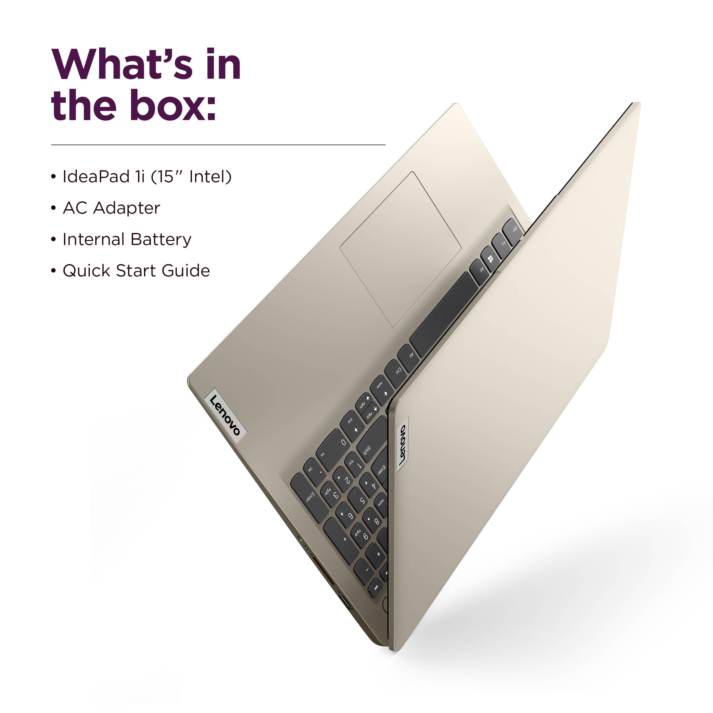 What's in the box: IdeaPad 1i (15" Intel) AC Adapter, Internal Battery, Quick Start Guide.