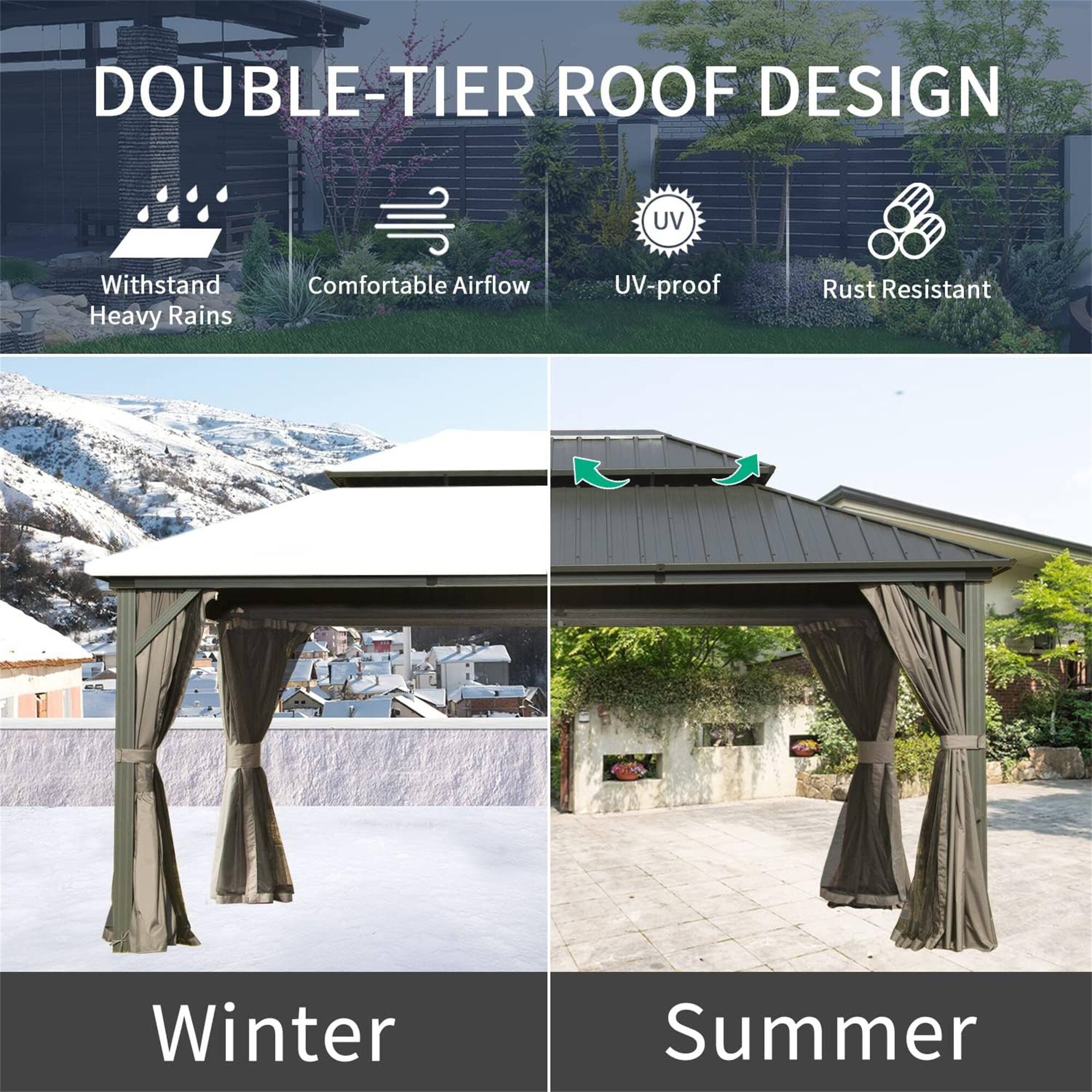 DOUBLE-TIER ROOF DESIGN

- Withstand Heavy Rains
- Comfortable Airflow
- UV-proof
- Rust Resistant

Winter

Summer