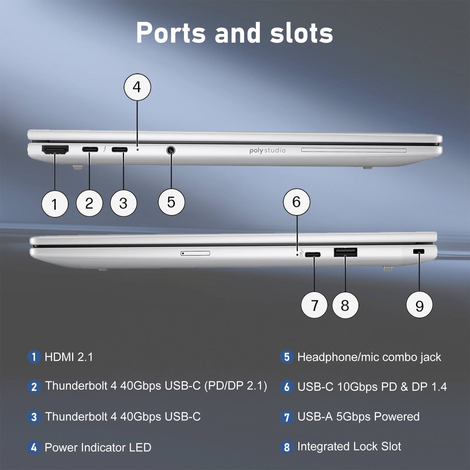 Ports and slots

1. HDMI 2.1
2. Thunderbolt 4 40Gbps USB-C (PD/DP 2.1)
3. Thunderbolt 4 40Gbps USB-C
4. Power Indicator LED
5. Headphone/mic combo jack
6. USB-C 10Gbps PD & DP 1.4
7. USB-A 5Gbps Powered
8. Integrated Lock Slot