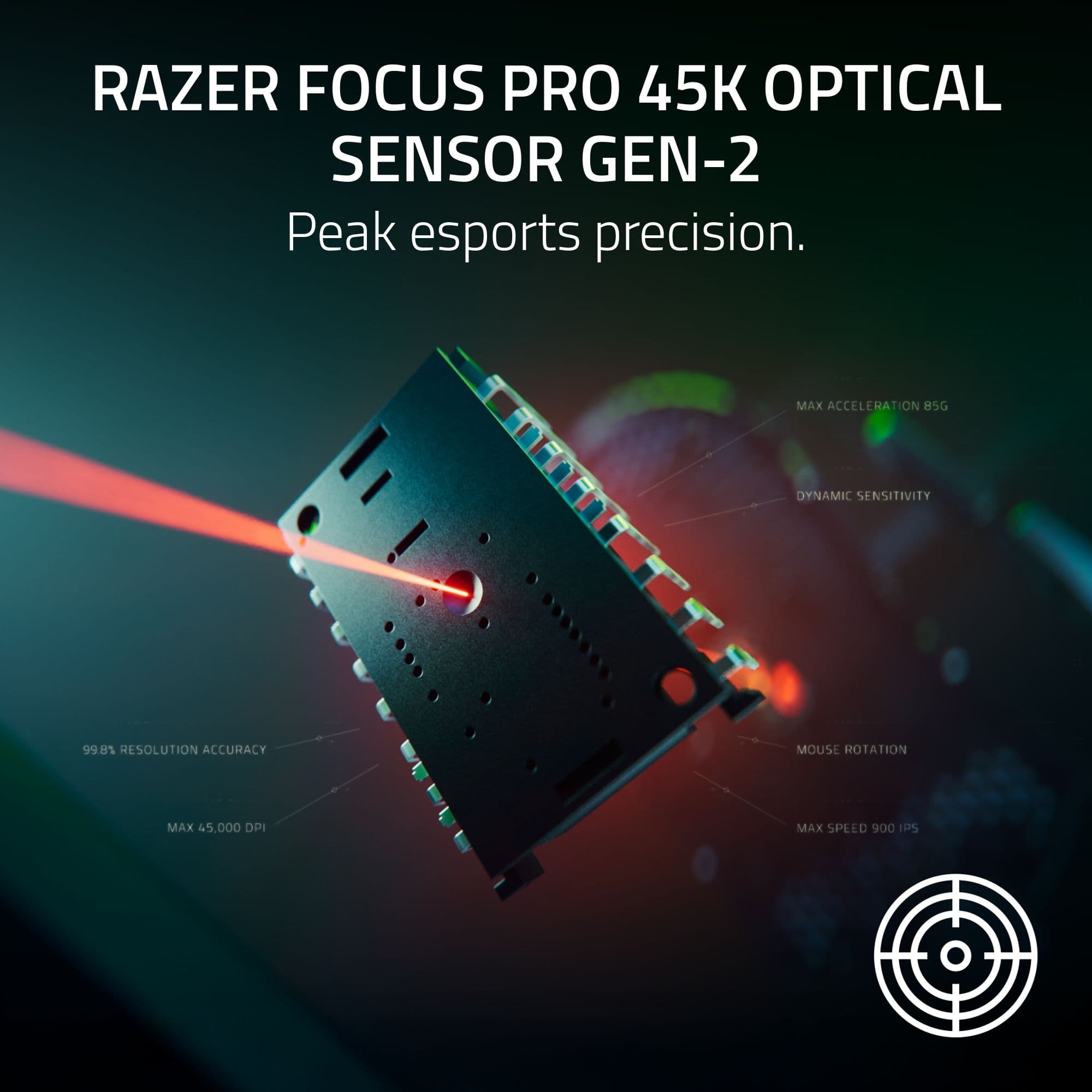 RAZER FOCUS PRO 45K OPTICAL SENSOR GEN-2 Peak esports precision. MAX ACCELERATION 85G DYNAMIC SENSITIVITY 99.8% RESOLUTION ACCURACY MOUSE ROTATION MAX 45,000 DPI MAX SPEED 900 IPS