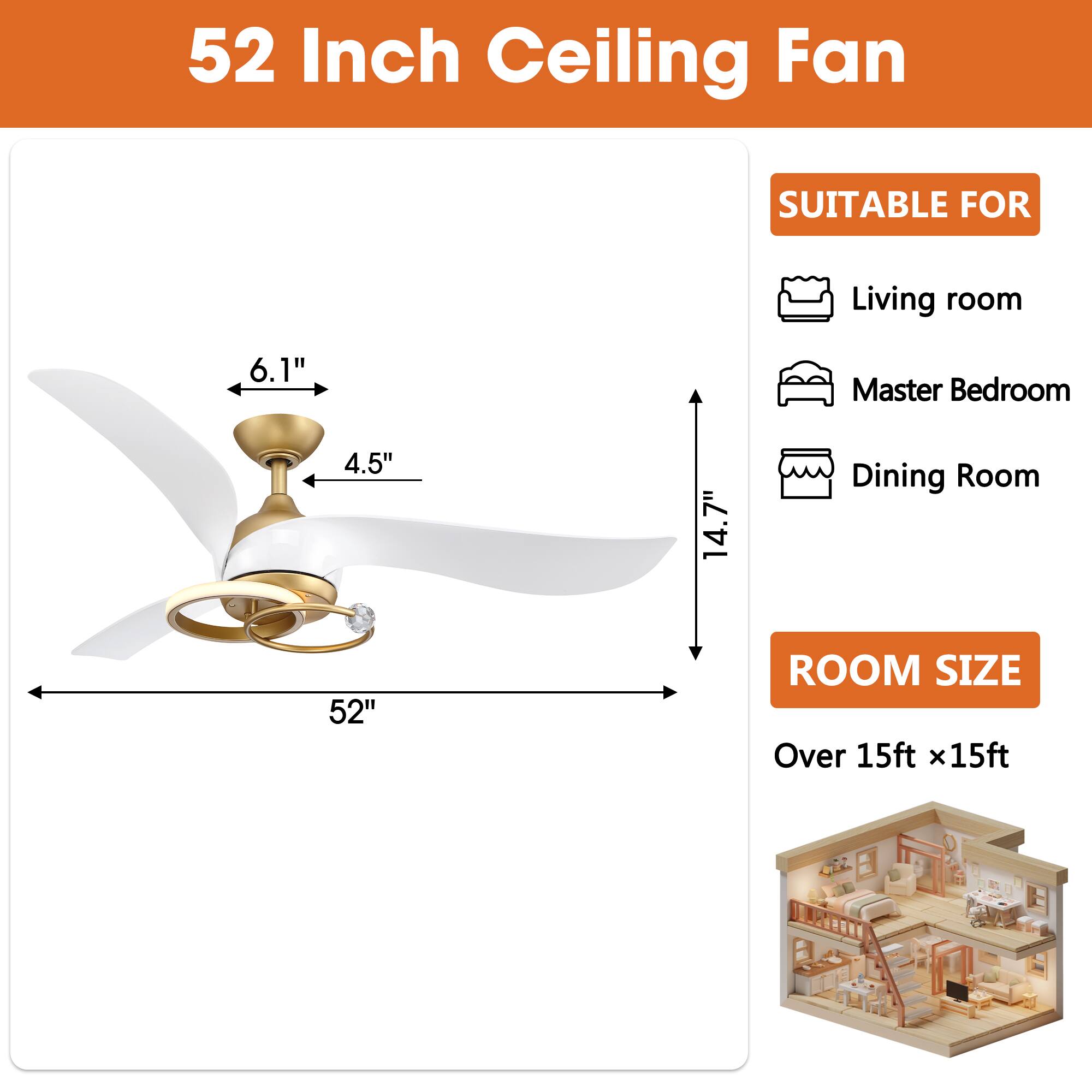 52 Inch Ceiling Fan

SUITABLE FOR
- Living room
- Master Bedroom
- Dining Room

ROOM SIZE
Over 15ft x 15ft