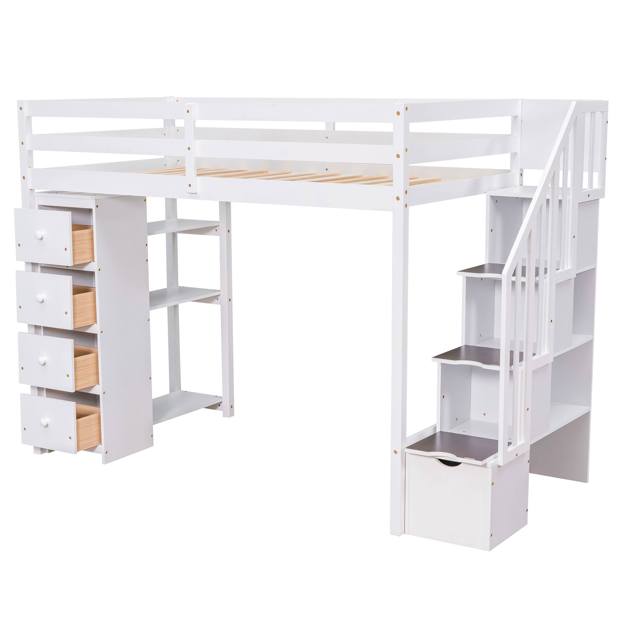 Left. Aukfa - Twin size Loft Bed with Storage Drawers and Stairs, Wooden Loft Bed with Shelves - White.