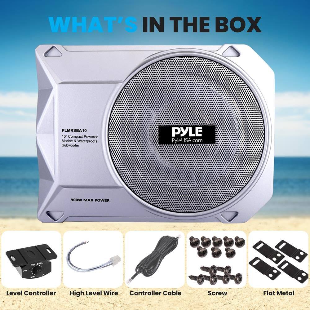 WHAT'S IN THE BOX

PLMRSBA10  
10" Compact Powered Marine & Waterproof Subwoofer  
PYLE  
PyleUSA.com  
900W MAX POWER

- Level Controller
- High Level Wire
- Controller Cable
- Screw
- Flat Metal