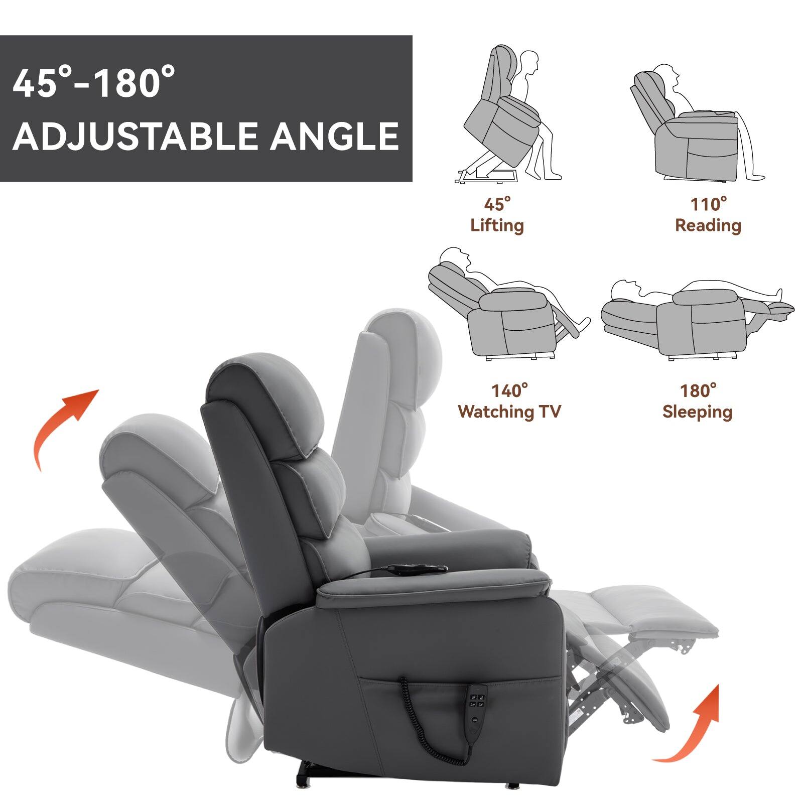 45°-180° Adjustable Angle

45° Lifting  
110° Reading  
140° Watching TV  
180° Sleeping