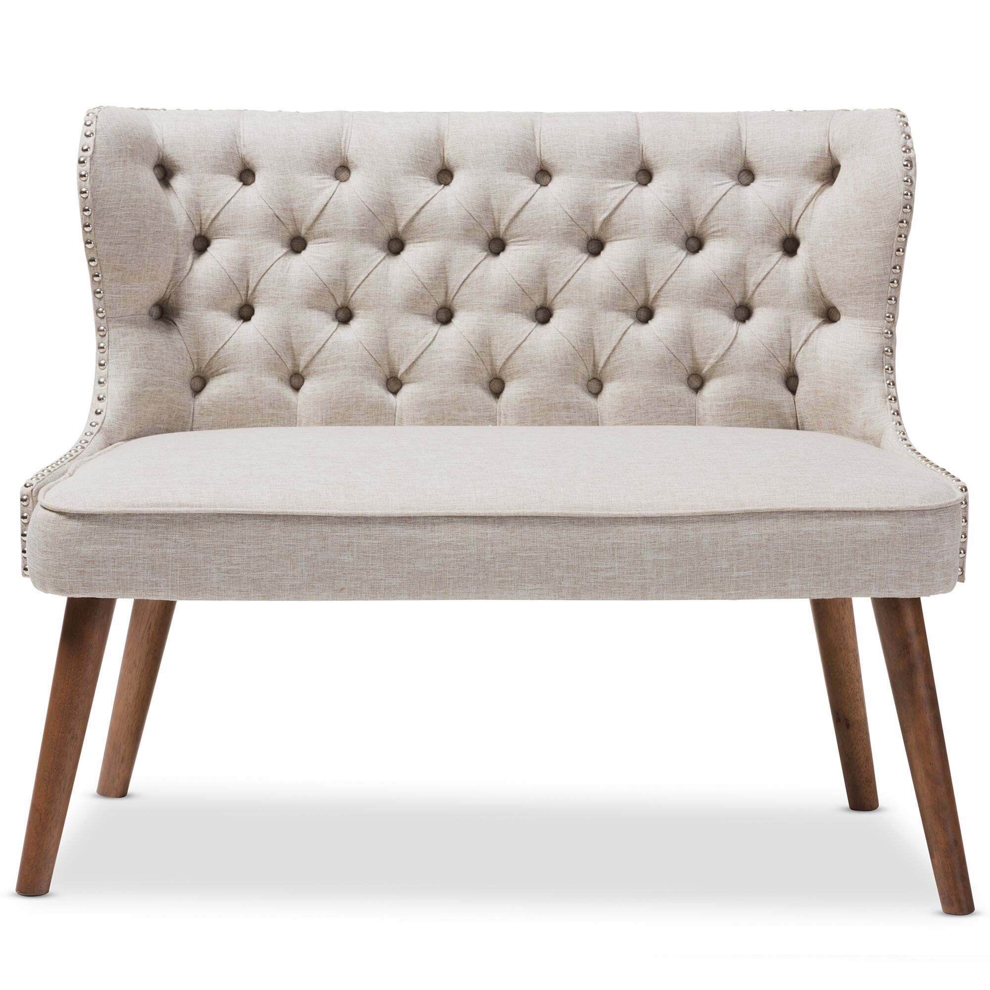 Angle. Baxton Studio - Scarlett Mid-Century Modern Wood Fabric Upholstered Button-Tufting with Nail Heads Trim 2-Seater Loveseat Settee - Light Beige/Walnut Brown.