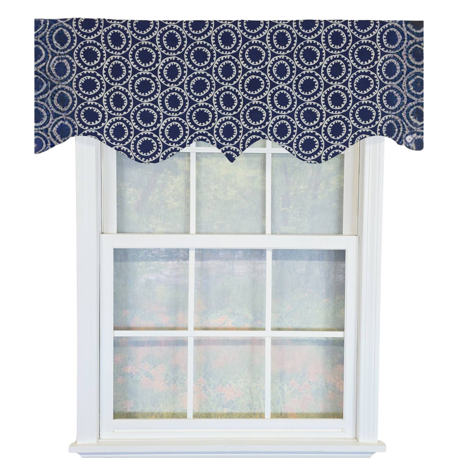 Front. RLF Home - RLF Home 100% Cotton Orbit Regal  Fully lined Windows Rod Pocket Valance 50" x 17"  Navy - Navy.