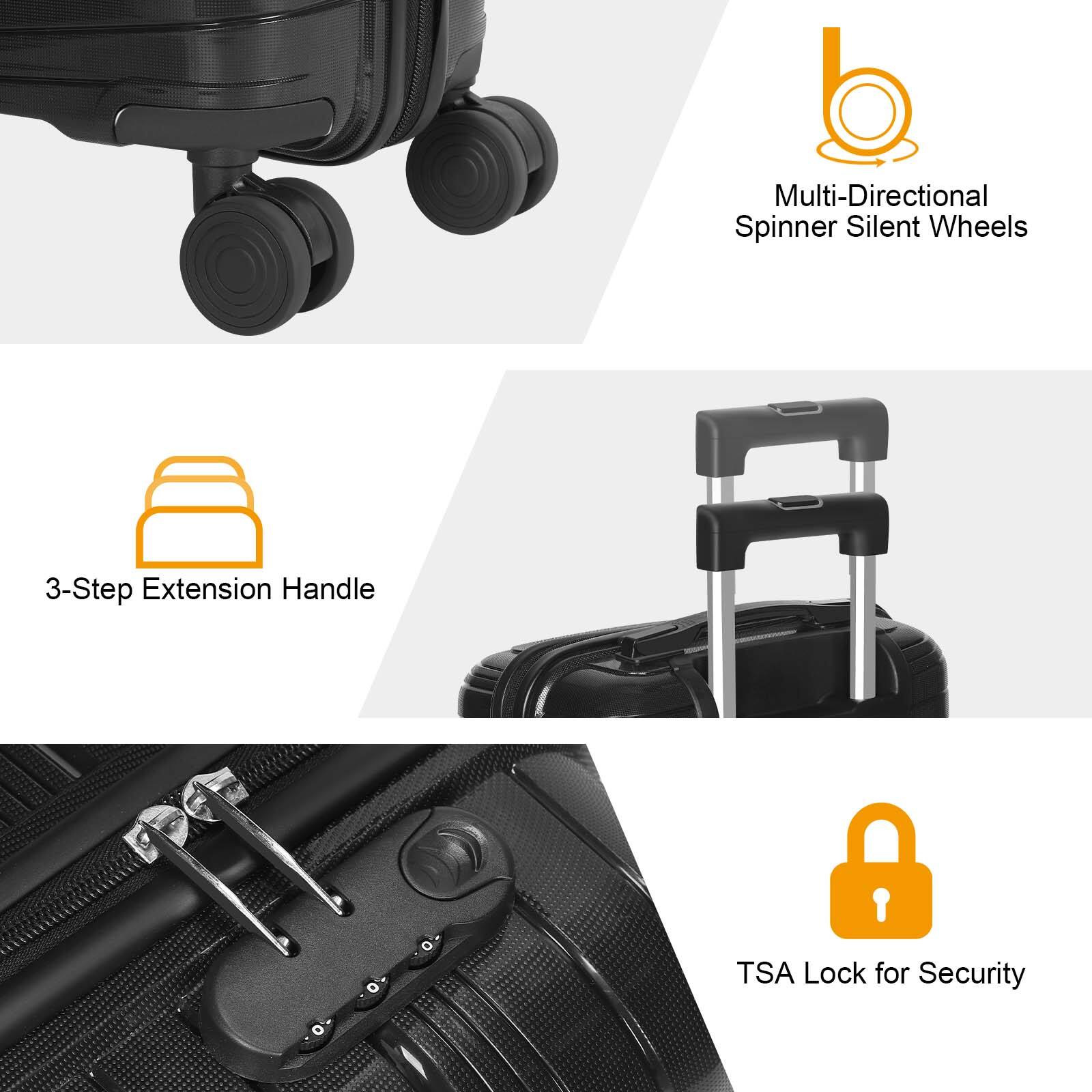 Multi-Directional Spinner Silent Wheels  
3-Step Extension Handle  
TSA Lock for Security