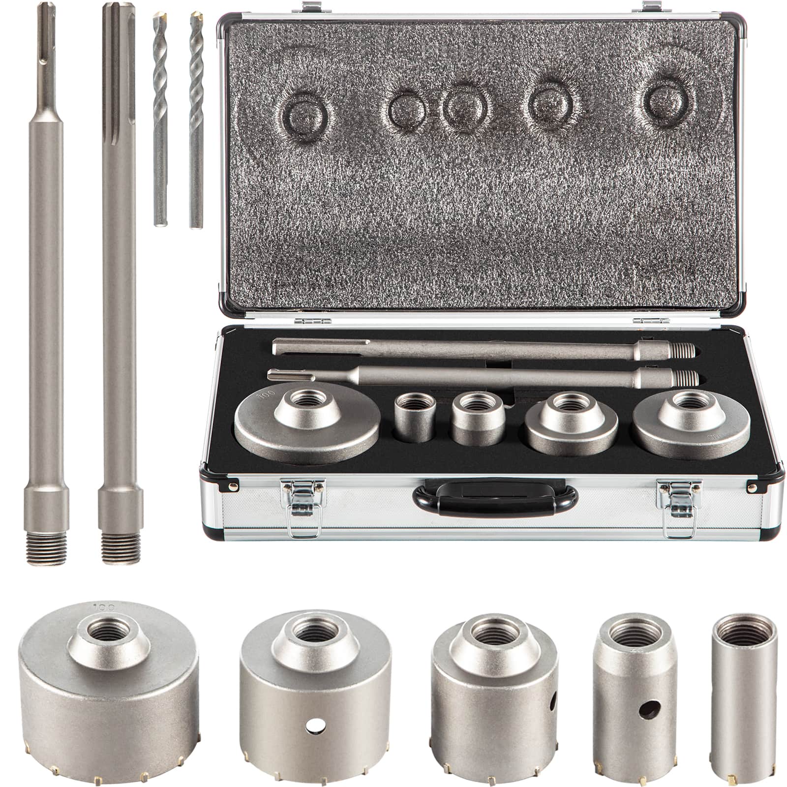 VEVOR - Concrete Hole Saw Kit, 1-2/11\", 1-3/5\", 2-9/16\", 3-5/32\", 3-15/16\" Drill Bit Set SDS Plus - Silver