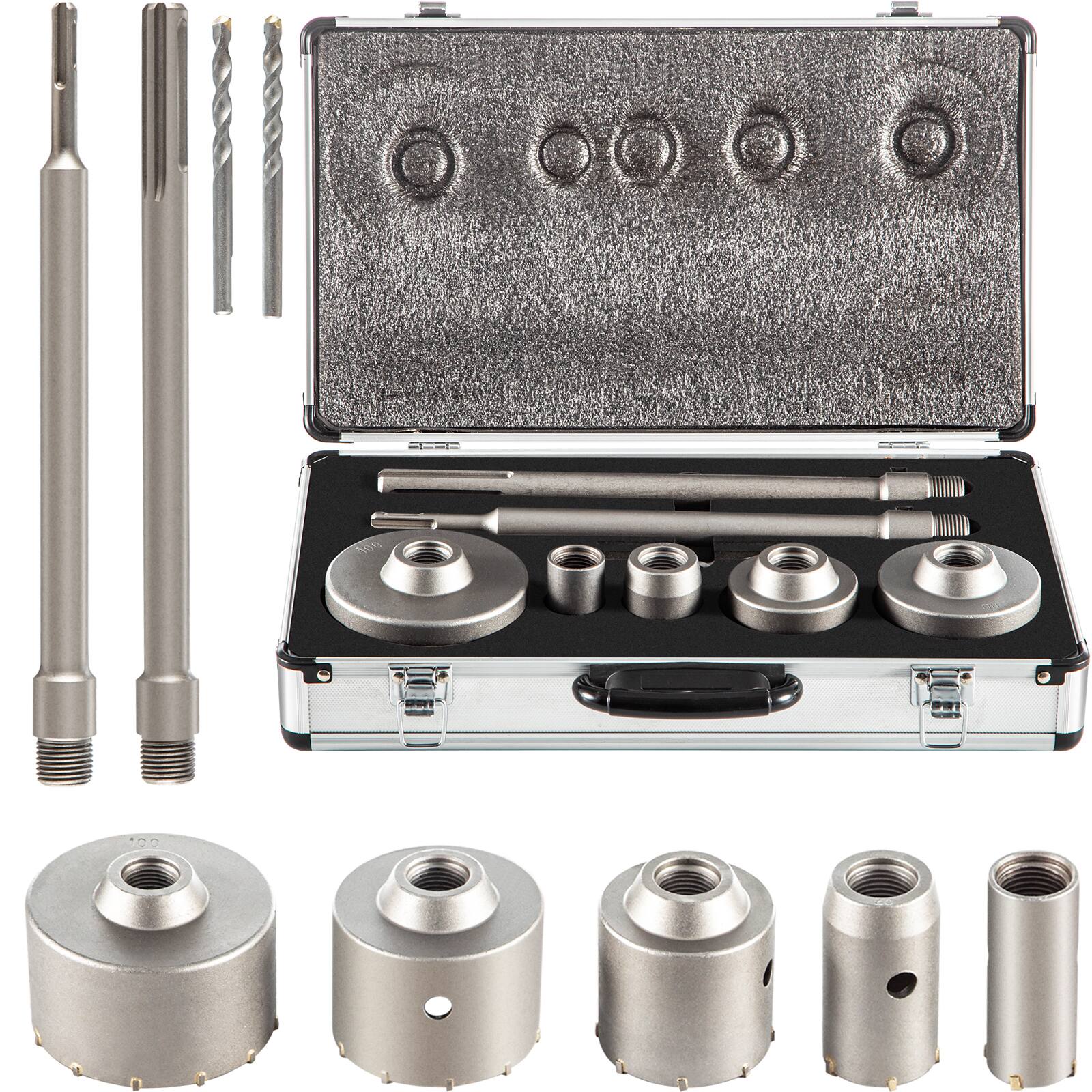 Front. VEVOR - Concrete Hole Saw Kit, 1-2/11\", 1-3/5\", 2-9/16\", 3-5/32\", 3-15/16\" Drill Bit Set SDS Plus - Sliver.