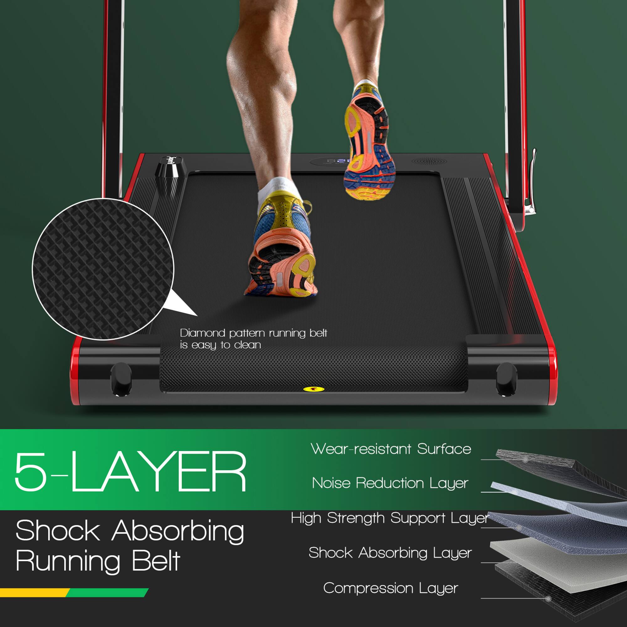 Diamond pattern running belt is easy to clean  
Wear-resistant Surface  
Noise Reduction Layer  
High Strength Support Layer  
Shock Absorbing Layer  
Compression Layer  

5-LAYER  
Shock Absorbing Running Belt