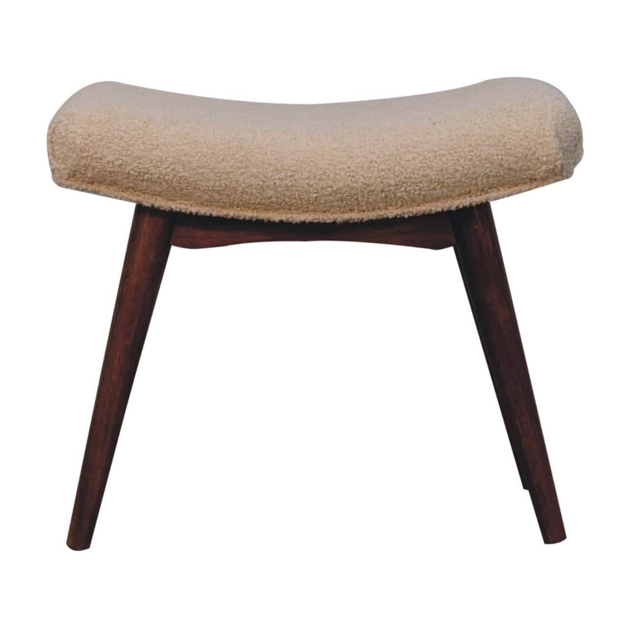 Artisan Furniture - Solid Wood Honey Caramel Boucle Cream Curved Bench, Upholstered - Brown and Cream