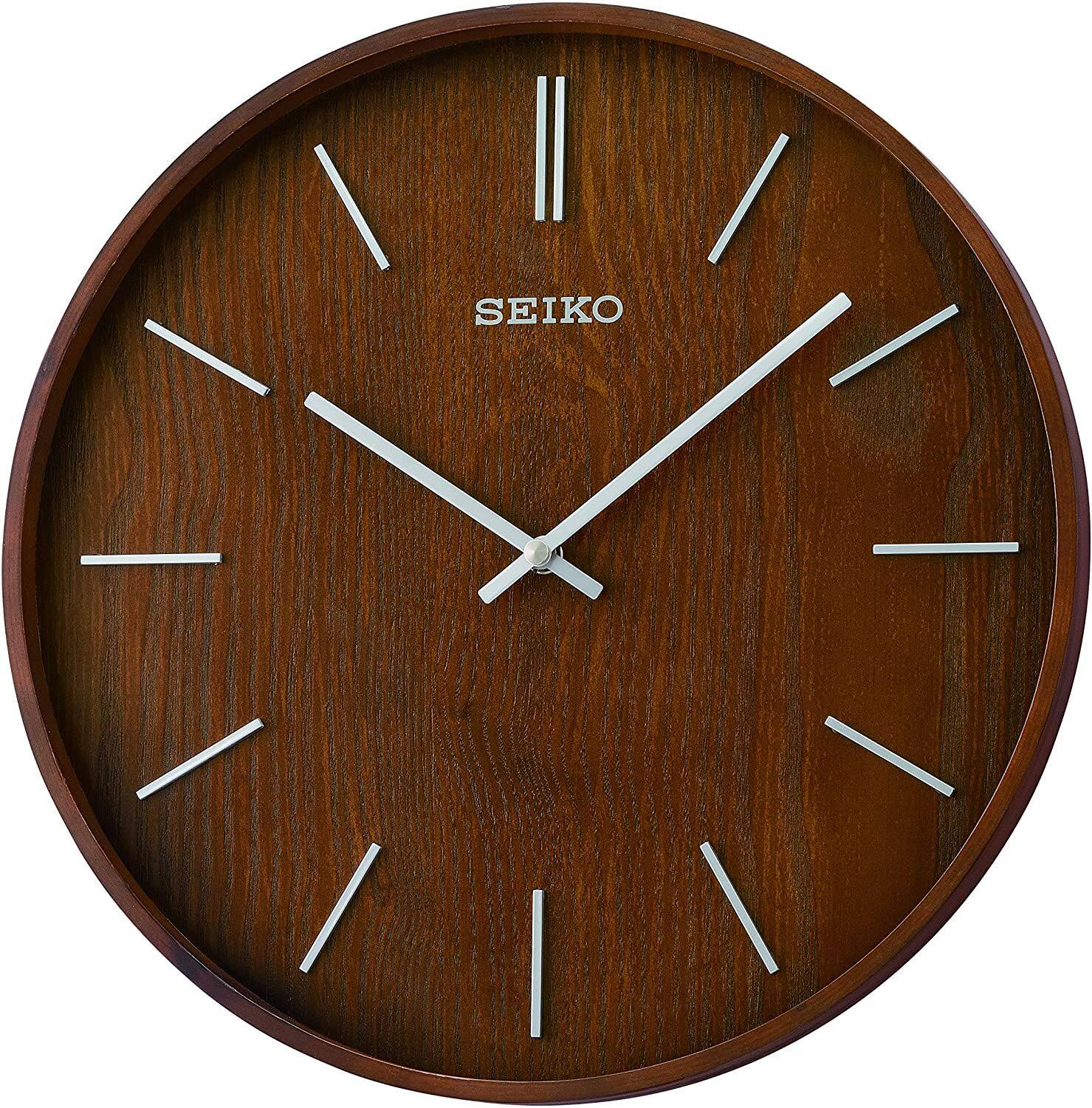Front. Seiko - Seiko 13" Maddox Wooden Wall Clock, Brown - Gold & Brown.