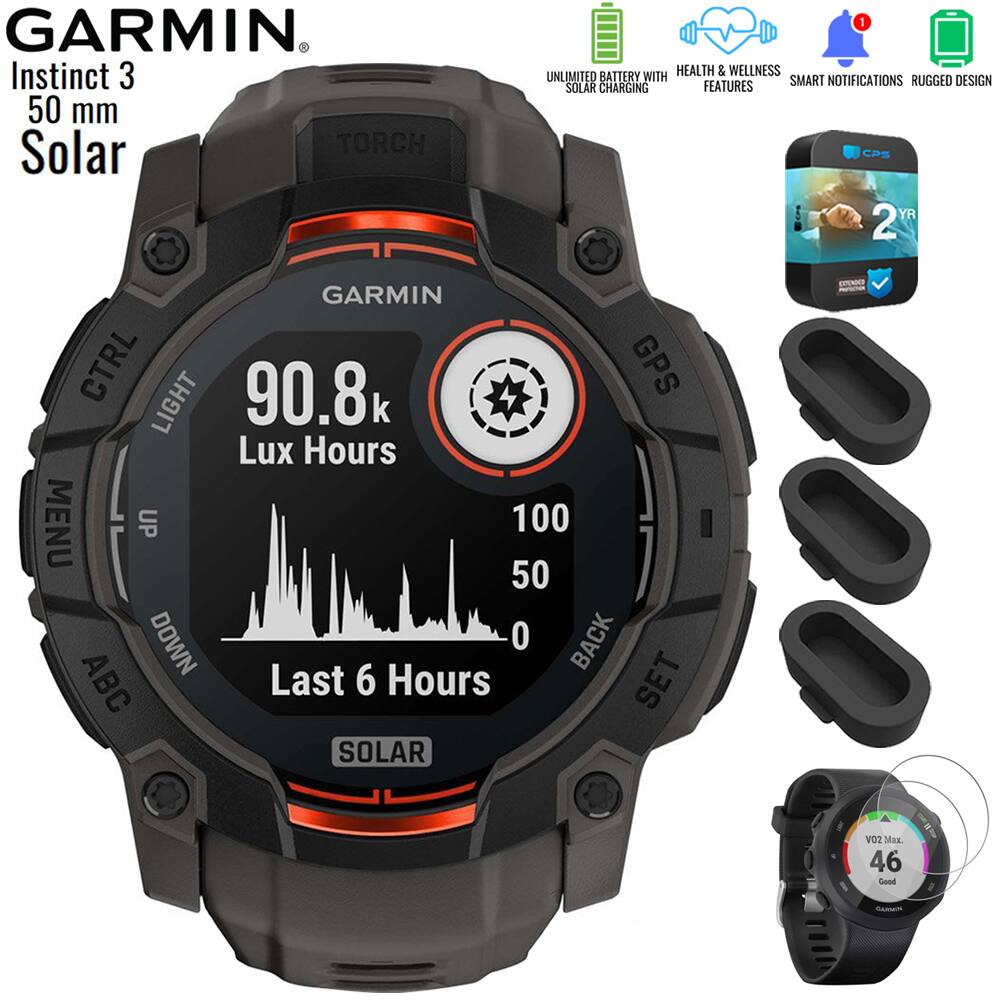 Garmin - Instinct 3 - 50 mm GPS Smartwatch SOLAR Black with 2 Year Warranty Bundle - Black with Charcoal Band - (2025)