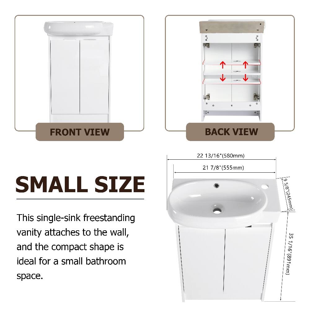 FRONT VIEW  
BACK VIEW  
22 13/16" (580mm)  
SMALL SIZE  
This single-sink freestanding vanity attaches to the wall, and the compact shape is ideal for a small bathroom space.  
21 7/8" (555mm)  
5/8" (245mm)  
35 1/16" (891mm)