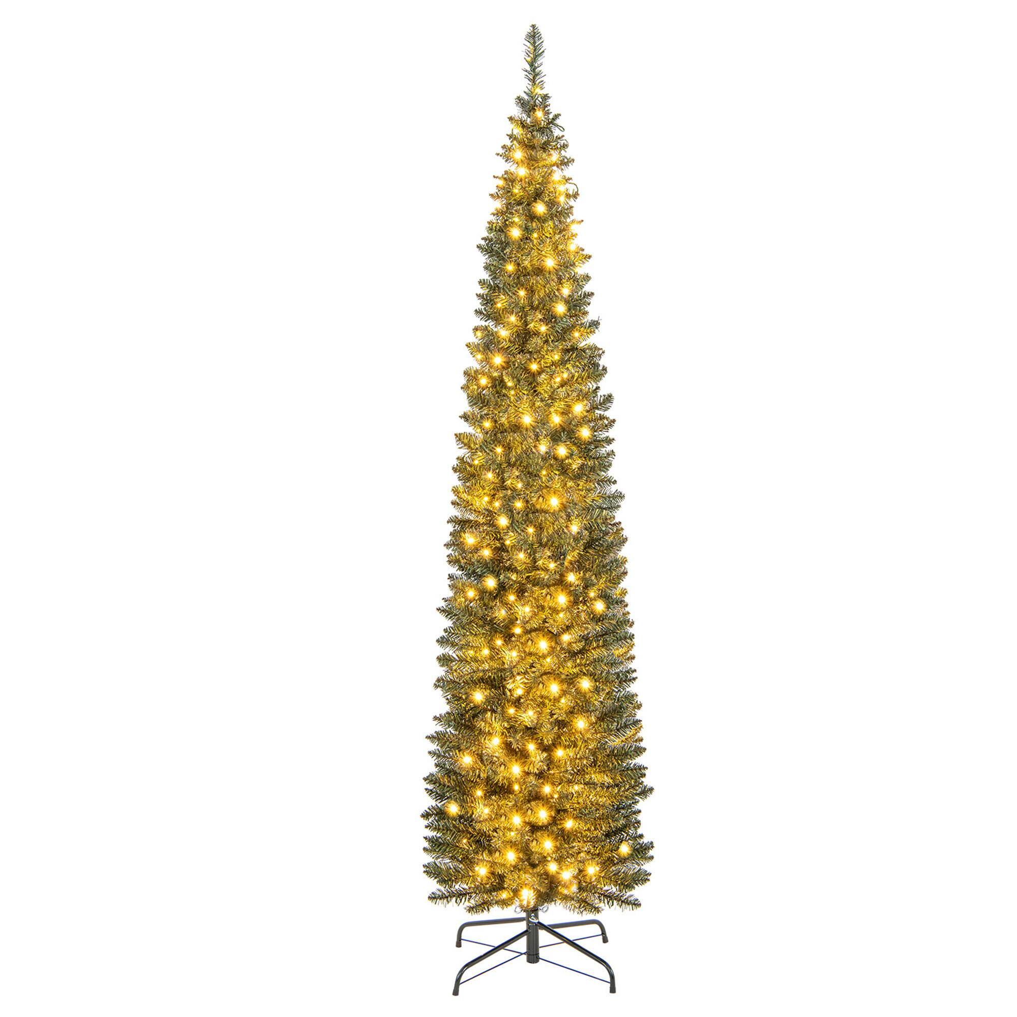 Alt View 9. Gymax - Gymax 7 ft Pre-Lit Artificial Christmas Tree Slim Pencil Xmas Tree Holiday Party Decor - Green.
