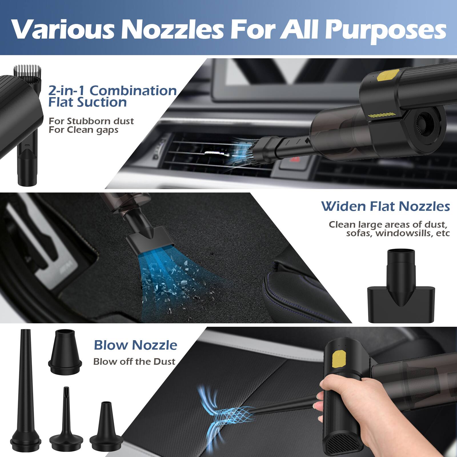 Various Nozzles For All Purposes

2-in-1 Combination Flat Suction  
For Stubborn dust  
For Clean gaps

Widen Flat Nozzles  
Clean large areas of dust, sofas, windowsills, etc

Blow Nozzle  
Blow off the Dust