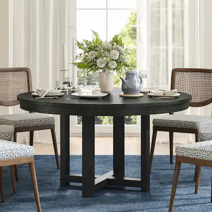 Front. Lirago - 45" Solid Wood Round Dining Table with Double Pedestal Large Kitchen Table Seats 6 for Dining Room - Black.