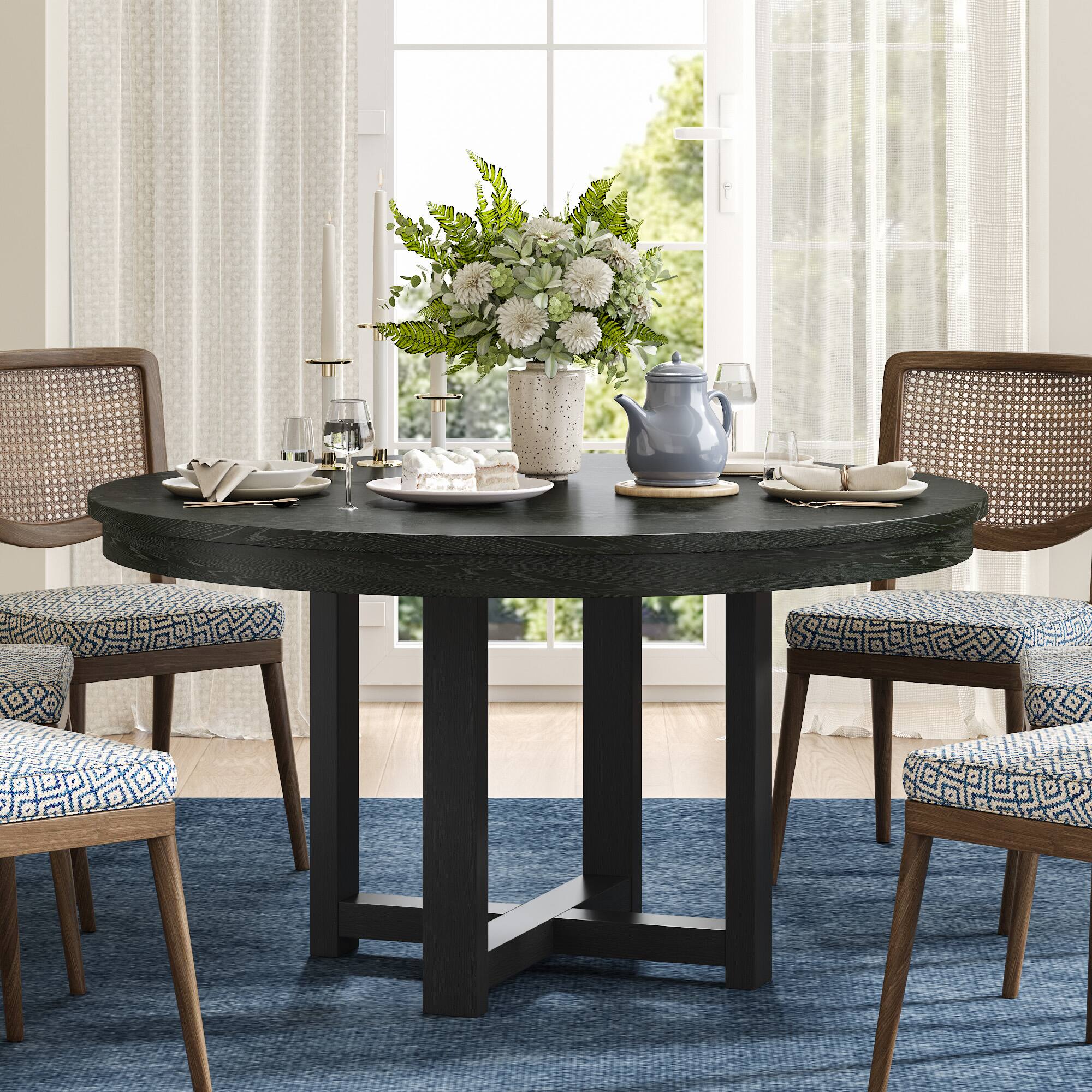 Front. Lirago - 45" Solid Wood Round Dining Table with Double Pedestal Large Kitchen Table Seats 6 for Dining Room - Black.