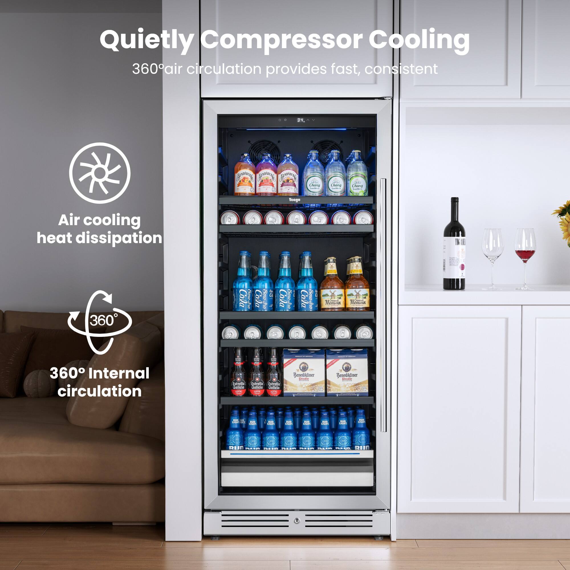 Quietly Compressor Cooling  
360° air circulation provides fast, consistent  
Air cooling heat dissipation  
360° Internal circulation