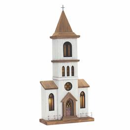 BreeBe - Lighted Natural Wooden Church Display with Rustic Metal Accents 25.25"H - Brown, White
