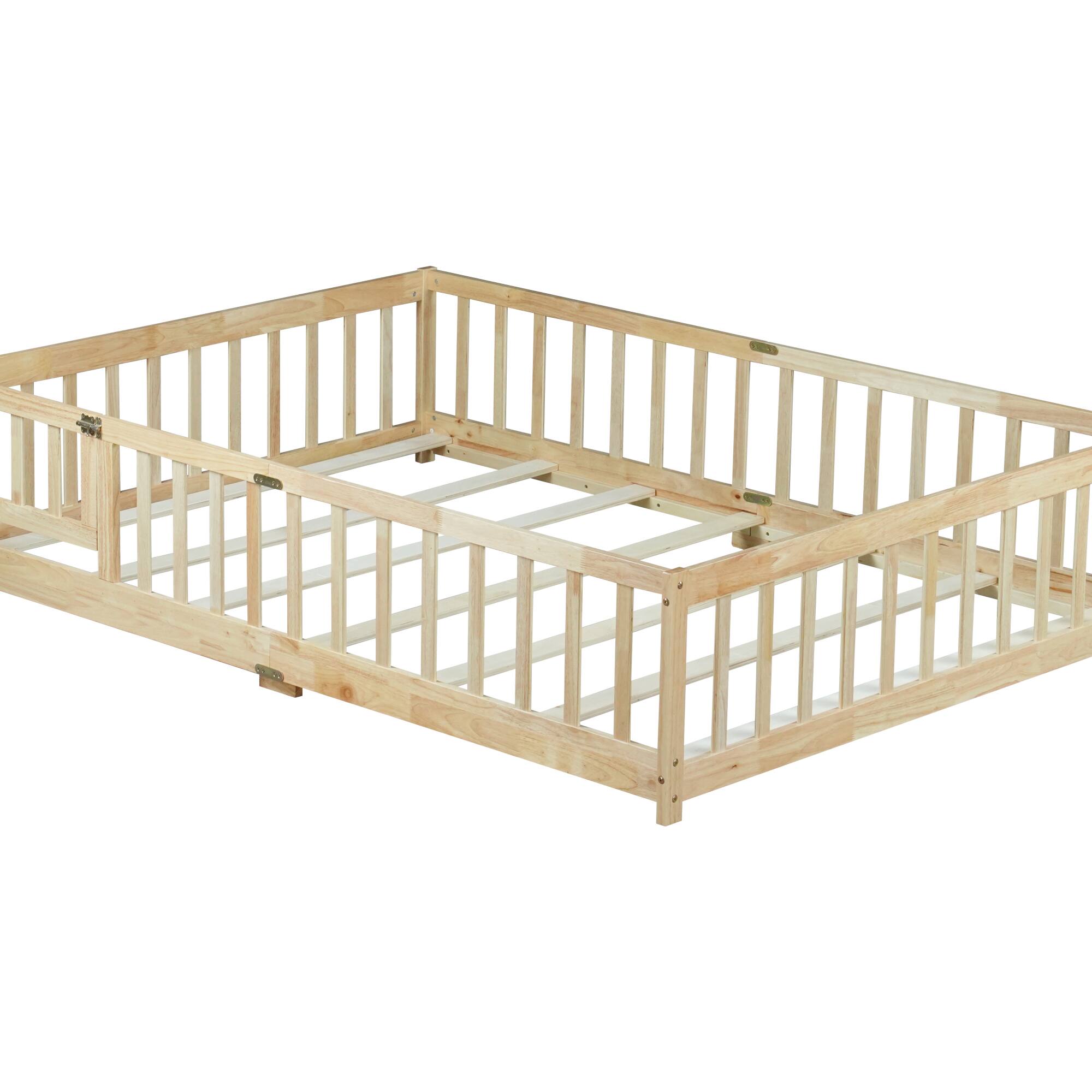 Alt View 7. GOODSILO - Full Size Floor Bed with Safety Fence and Revolving Door for Children, Sturdy Rubber Wood Construction - Natural.