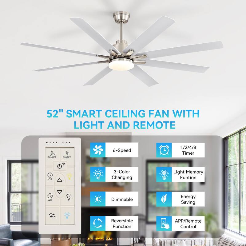 52" SMART CEILING FAN WITH LIGHT AND REMOTE

- 6-Speed
- 3-Color Changing Light
- 1/2/4/8 Timer
- Light Memory Function
- Dimmable
- Reversible Function
- Energy Saving
- APP/Remote Control