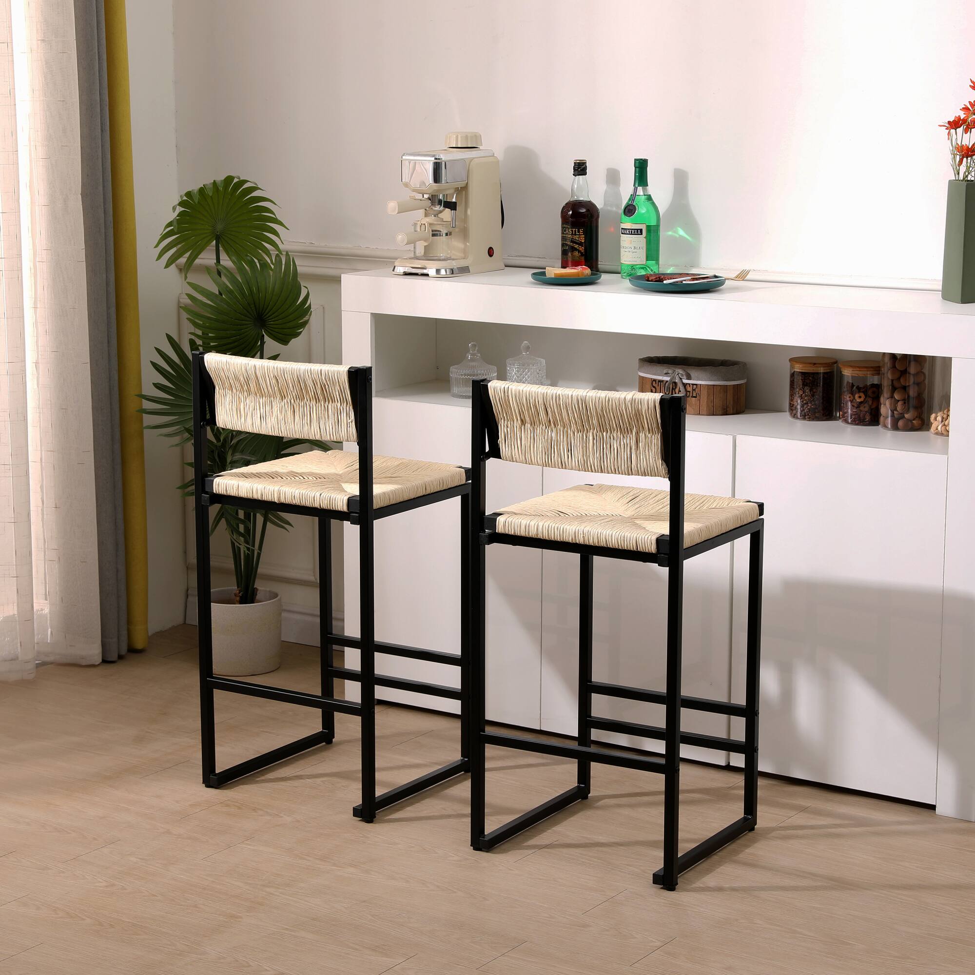 Alt View 1. HTUTWOO - Bar Stools Set of 2, Paper Rope Woven Counter Height Chairs with Seagrass Seat and footrest for Kitchen, Home Pub - Off White.