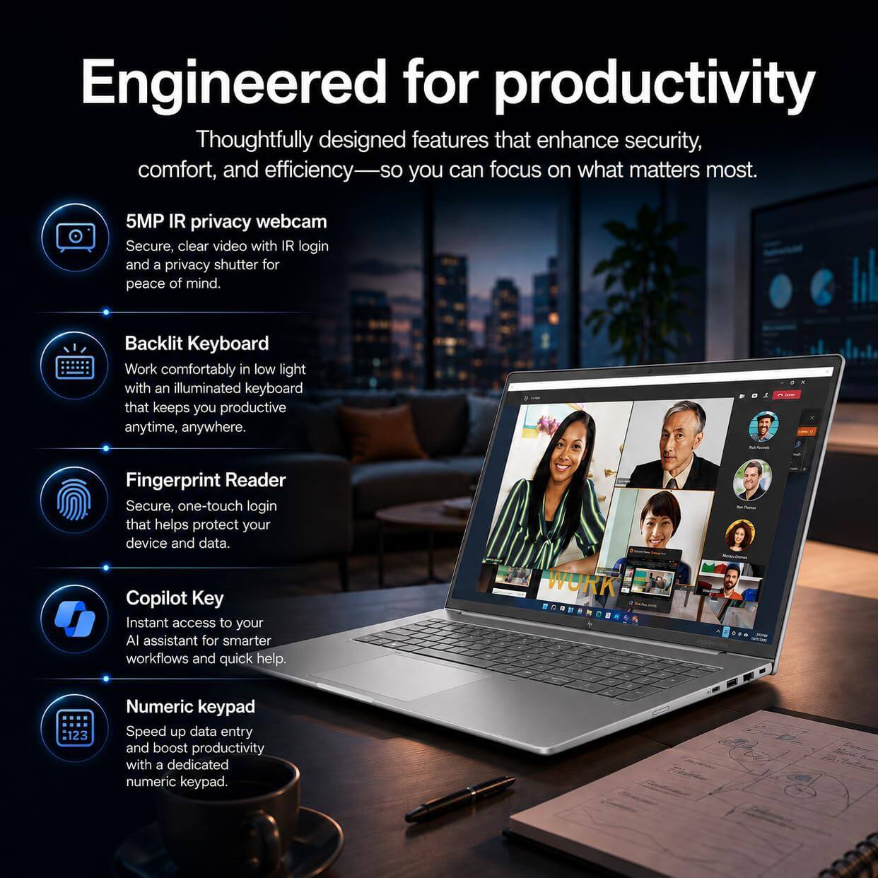 Engineered for productivity  
Thoughtfully designed features that enhance security, comfort, and efficiency—so you can focus on what matters most.  

5MP IR privacy webcam  
Secure, clear video with IR login and a privacy shutter for peace of mind.  

Backlit Keyboard  
Work comfortably in low light with an illuminated keyboard that keeps you productive anytime, anywhere.  

Fingerprint Reader  
Secure, one-touch login that helps protect your device and data.  

Copilot Key  
Instant access to your AI assistant for smarter workflows and quick help.  

Numeric keypad  
Speed up data entry and boost productivity with a dedicated numeric keypad.