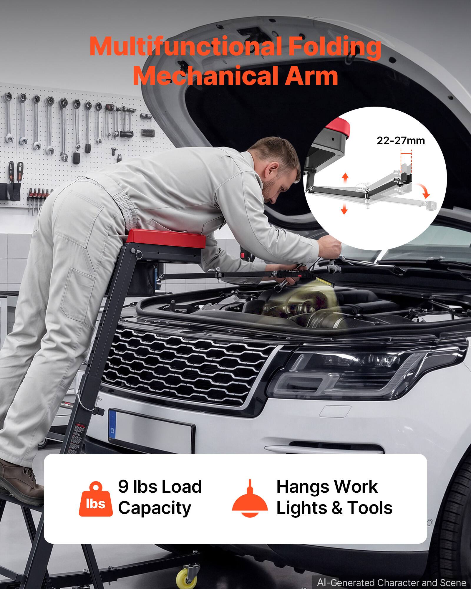 Multifunctional Folding Mechanical Arm

22-27mm

9 lbs Load Capacity

Hangs Work Lights & Tools

AI-Generated Character and Scene