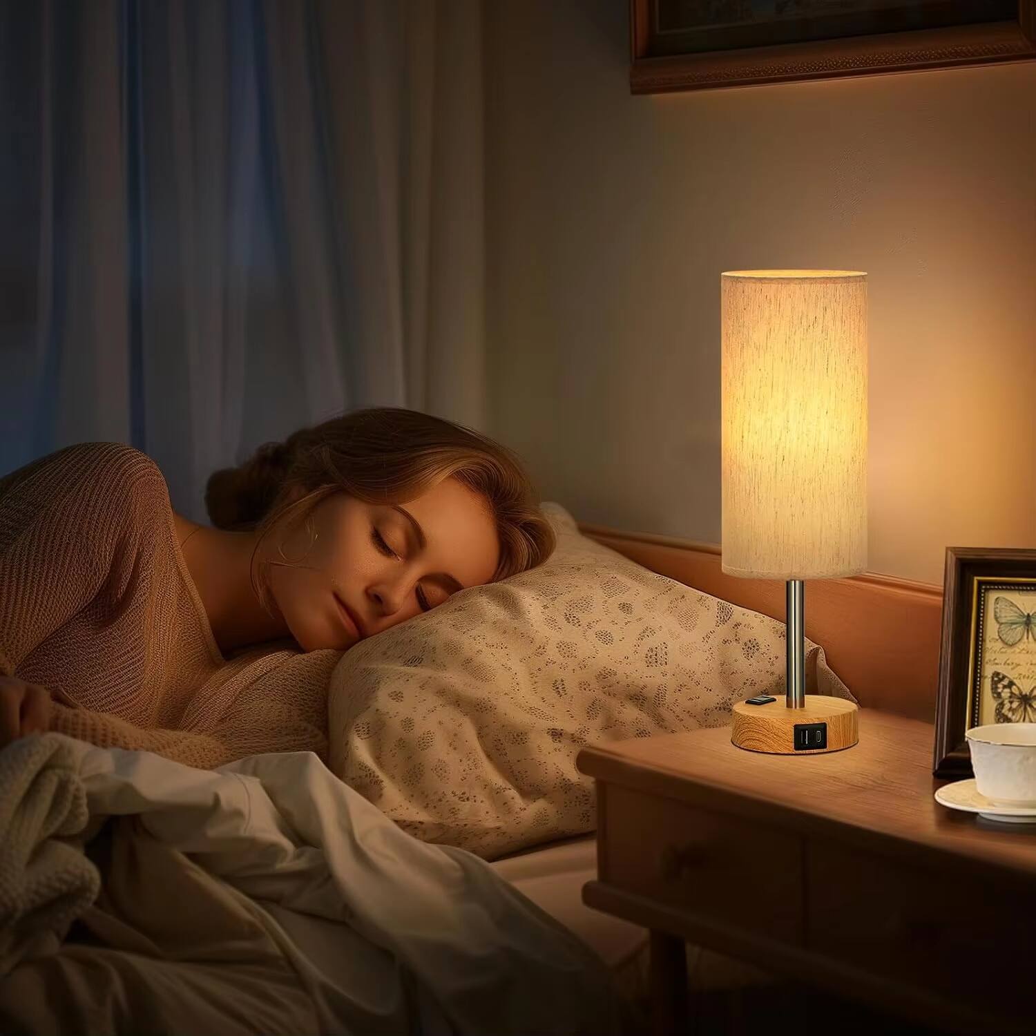 Alt View 2. Luckbyte - Set of 2 Dimmable Touch Table Lamps with USB C USB A AC Charging Ports Wood Base LED Bulbs Included - White.