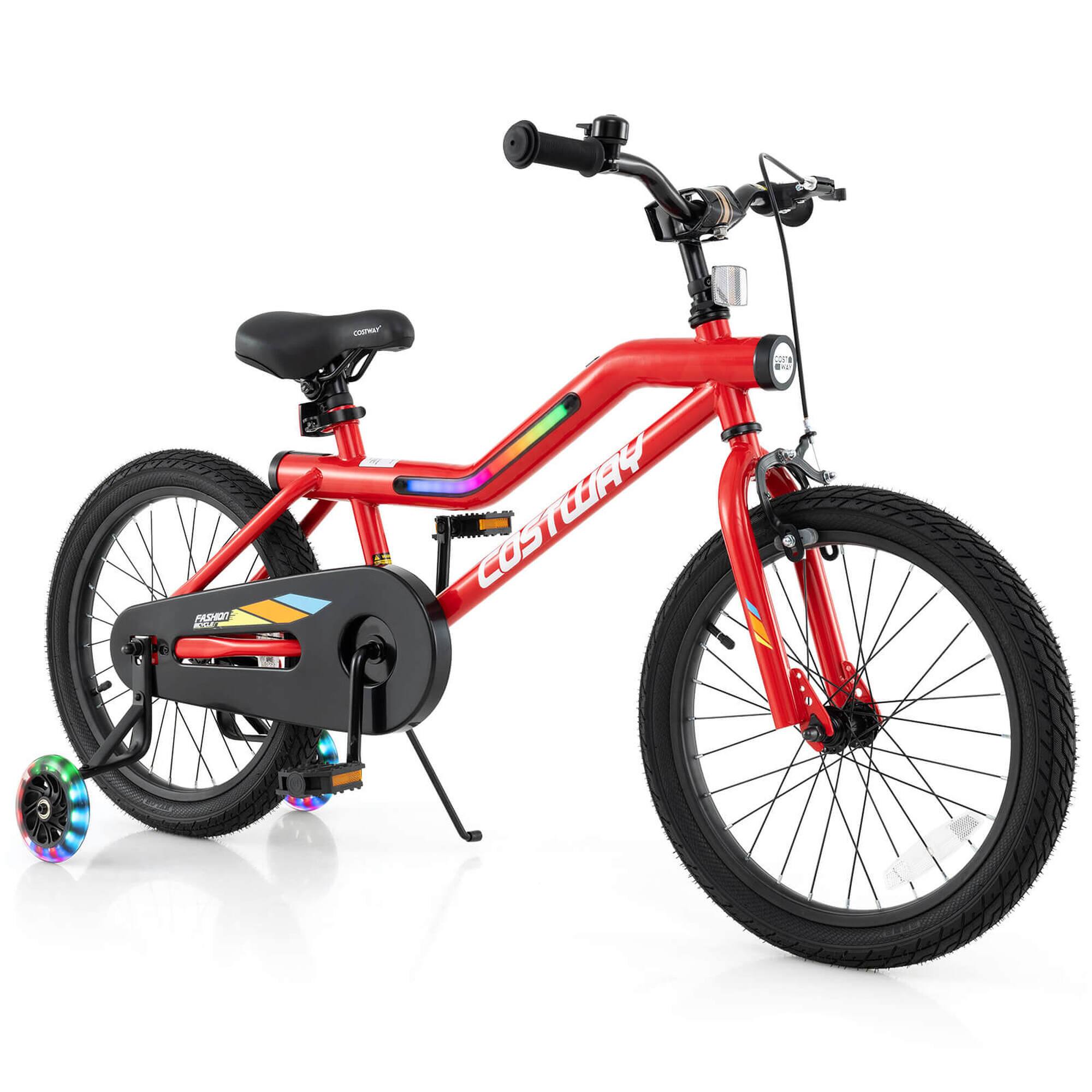 Costway - 18" LED Lighted Kids Bike with Adjustable Seat Coaster Brake Training Wheels - Red
