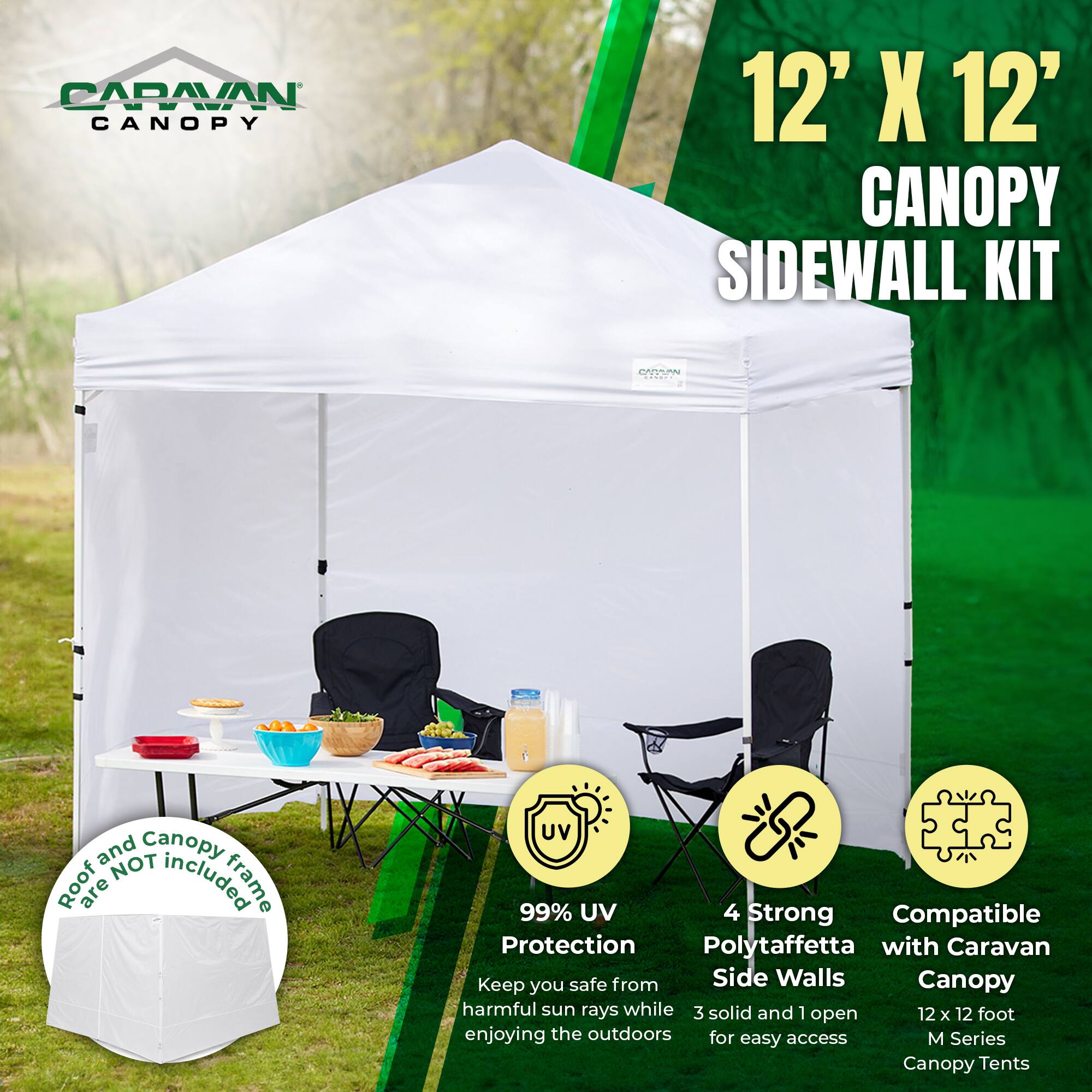 CARAVAN CANOPY 12' X 12' CANOPY SIDEWALL KIT

- Roof and Canopy NOT included
- 99% UV Protection
- 4 Strong Polytaffeta Side Walls
- Compatible with Caravan Canopy
- 3 solid and 1 open
- 12 x 12 foot M Series Canopy Tents

Keep you safe from harmful sun rays while enjoying the outdoors for easy access