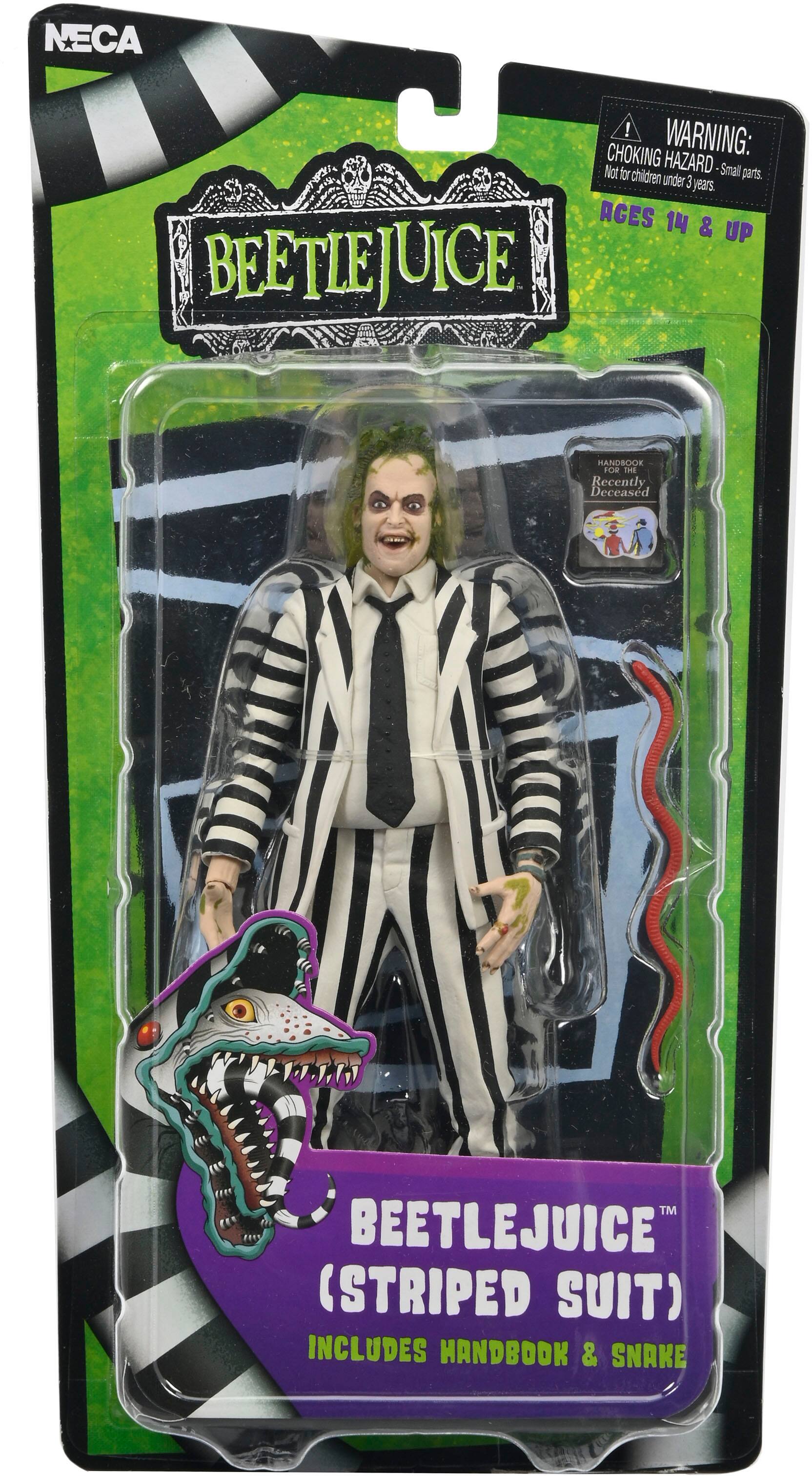 The image features a Beetlejuice action figure, which is a collectible item for fans of the movie. The figure is dressed in a striped suit and comes with a handbook for the recently deceased. The figure is designed for ages 14 and up, and it is not suitable for children under 3 years of age due to small parts that could pose a choking hazard. The Beetlejuice action figure is a must-have for fans of the movie and collectors of horror-themed toys.