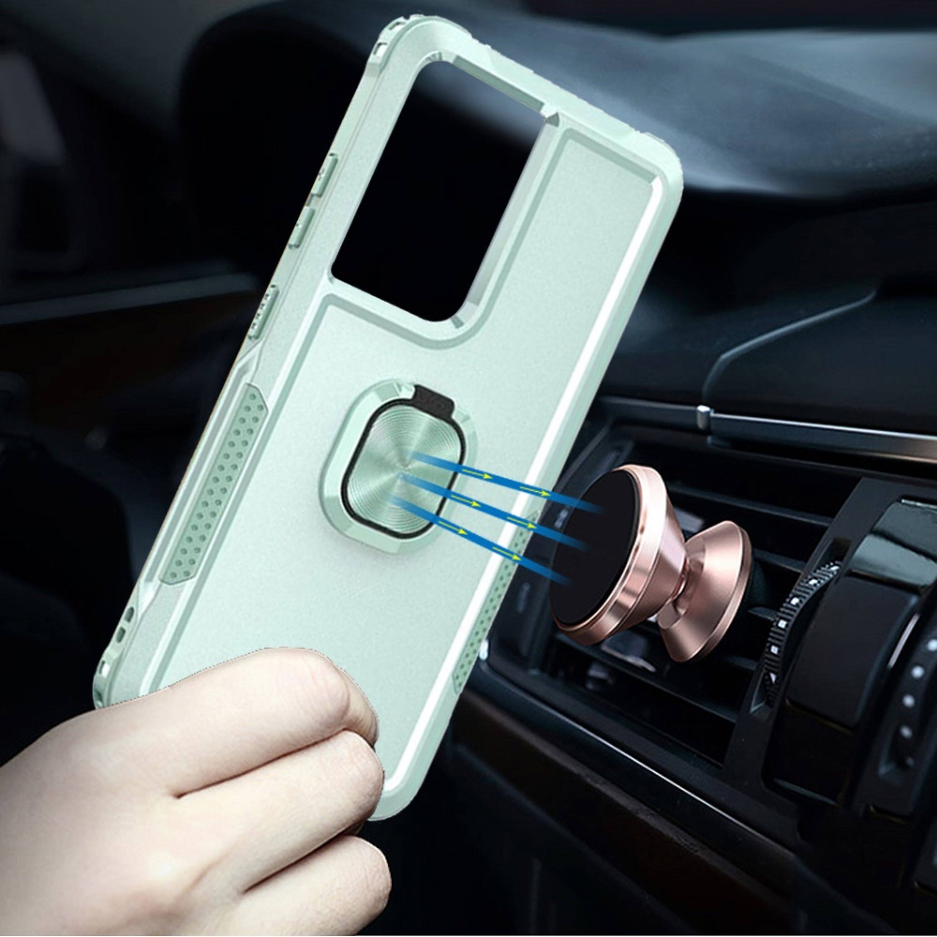 Angle. Kitcheniva - Rugged Triple Layer Metal Ring Stand Phone Case For Samsung Galaxy S24 Ultra Teal - Teal.