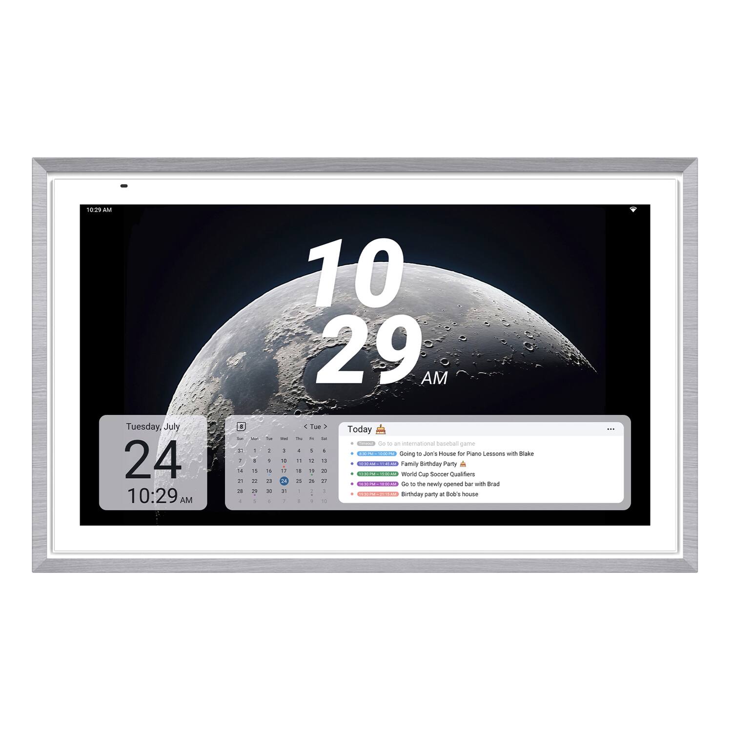 10:29 AM Tuesday, July 24  
- A 1 14 7 i a -  1 " 2% - : 1 1 i - 10 29 AM Tue  
Today ee - - - -. - de - an international baseball game  
- Going to Jon's House for Piano Lessons with Blake  
- Family Birthday Party  
- World Cup Soccer Qualifiers  
- the newly opened bar with Brad  
- Birthday party at Bob's House