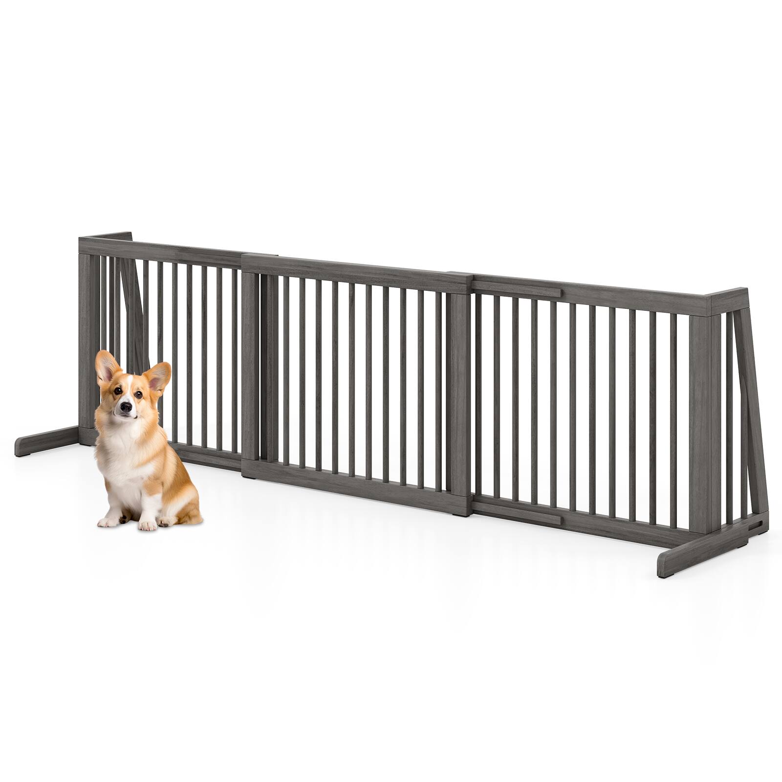 Alt View 7. Gymax - Gymax Folding Adjustable Free Standing 3 Panel Wood Pet Dog Slide Gate Safety Fence Gray - Gray.