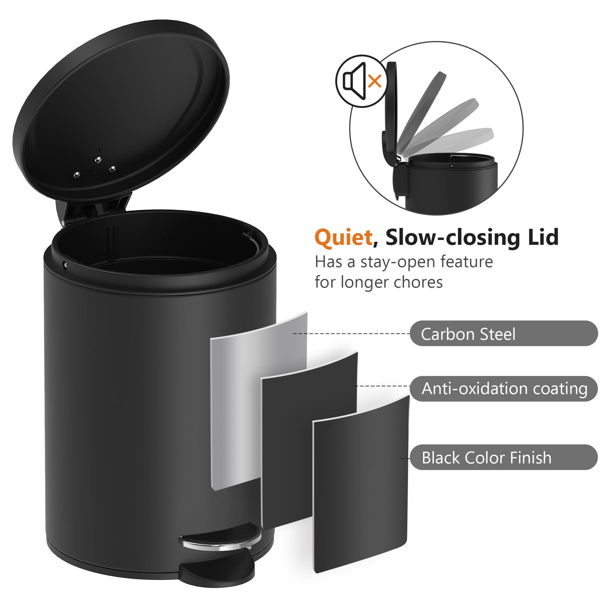 Quiet, Slow-closing Lid  
Has a stay-open feature for longer chores  

Carbon Steel  
Anti-oxidation coating  
Black Color Finish