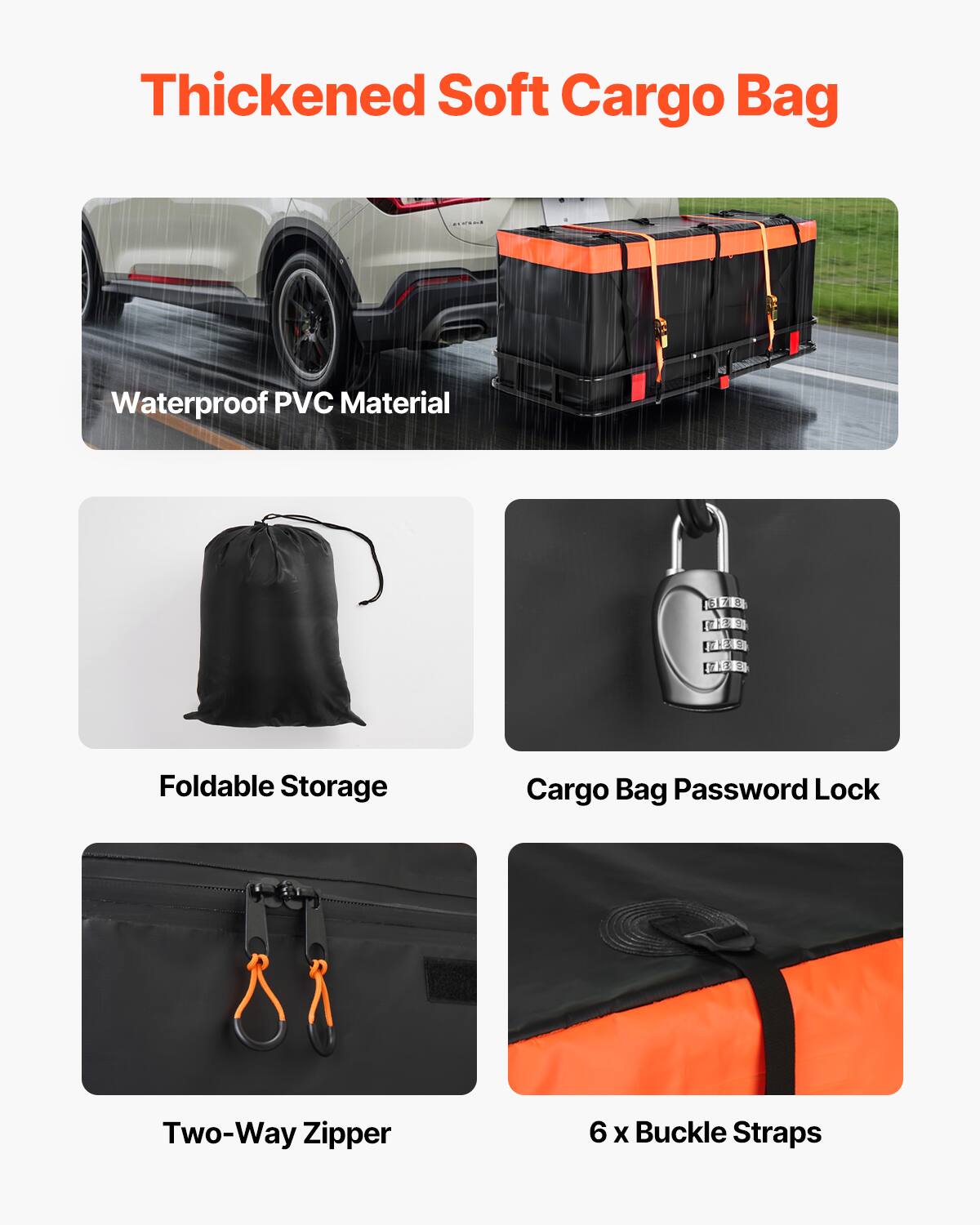 Thickened Soft Cargo Bag Waterproof PVC Material

- Foldable Storage Cargo Bag
- Password Lock
- Two-Way Zipper
- 6 Buckle Straps
