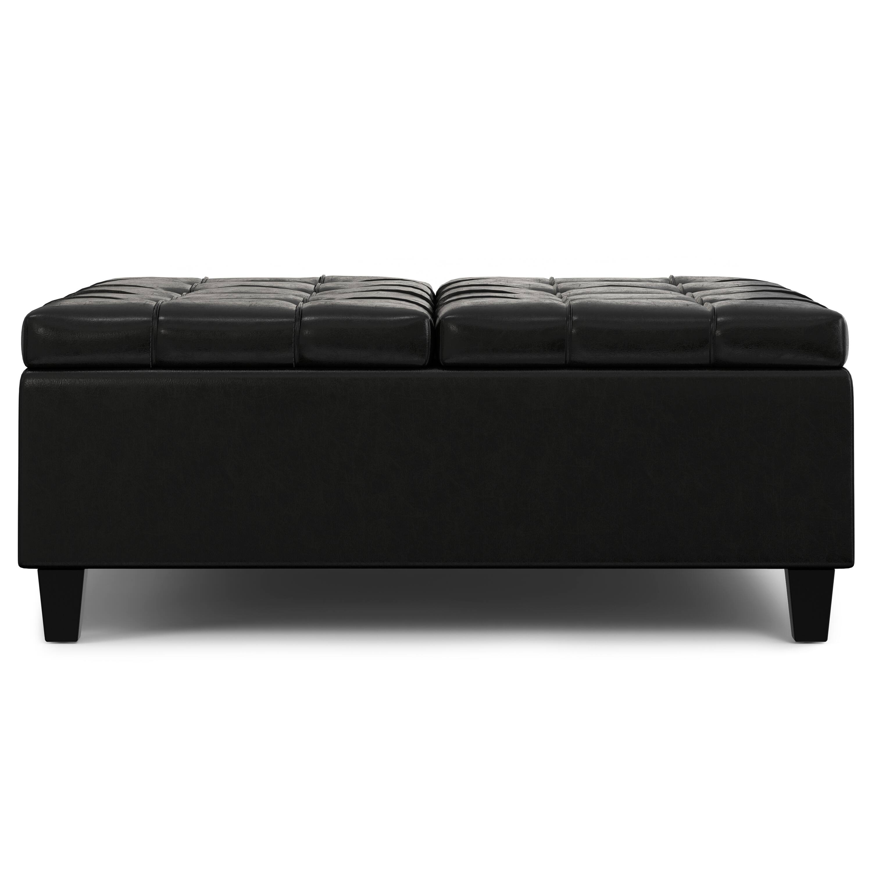 Left. Simpli Home - Harrison 40 inch Wide Large Square Coffee Table Storage Ottoman in Midnight Black Vegan Leather - Midnight Black.