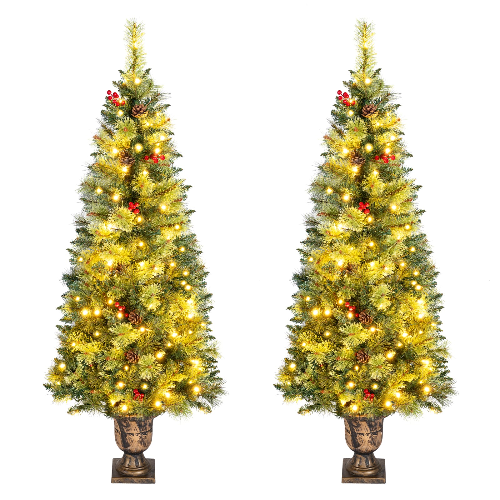 Costway - 2PCS 5 ft Artificial Xmas Tree with 260 Branch Tips, 12 Pine Cones, 100 LED Lights 2 pcs - Green