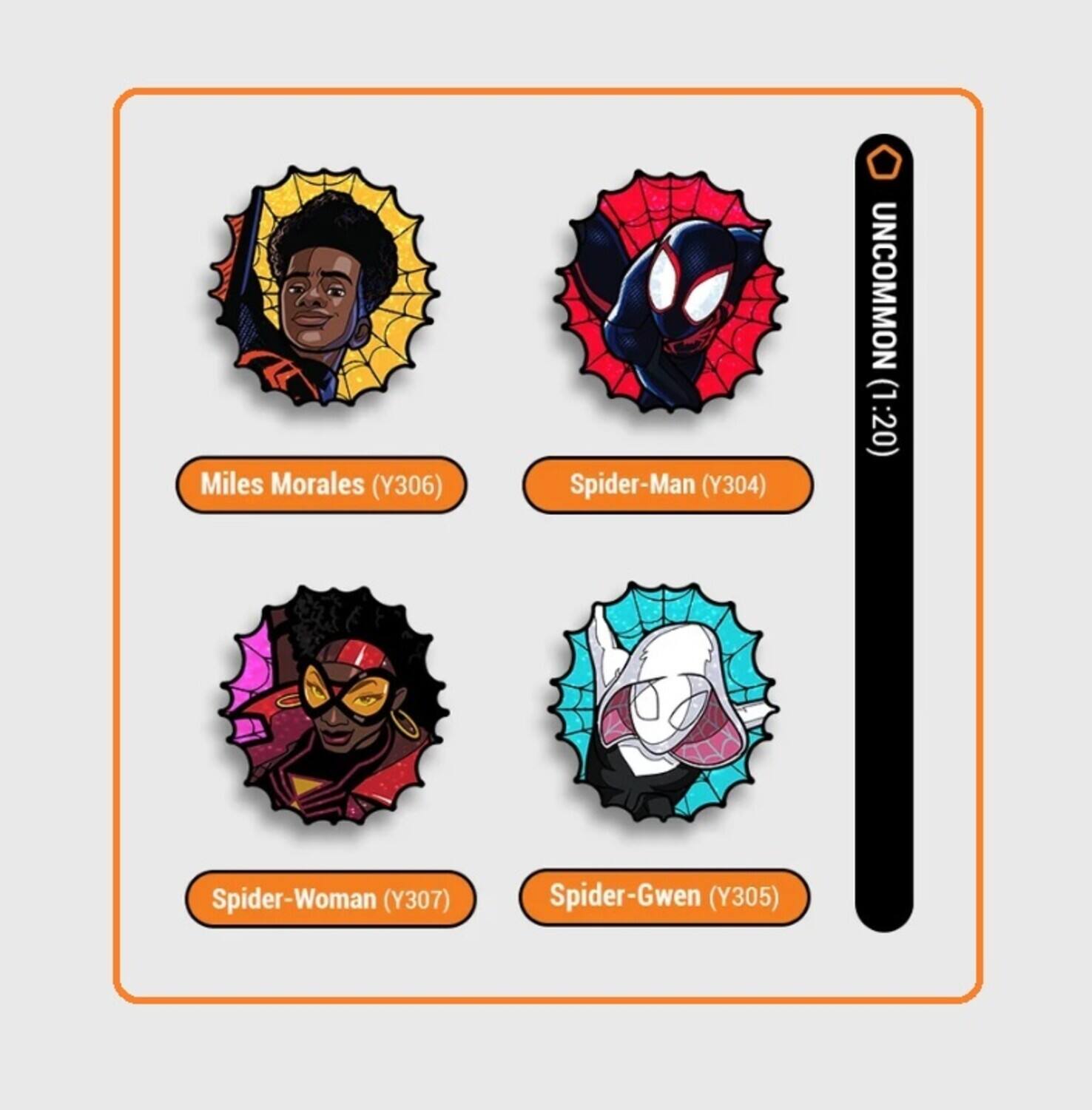 Miles Morales (Y306)  
Spider-Man (Y304)  
Spider-Woman (Y307)  
Spider-Gwen (Y305)  

UNCOMMON (1:20)