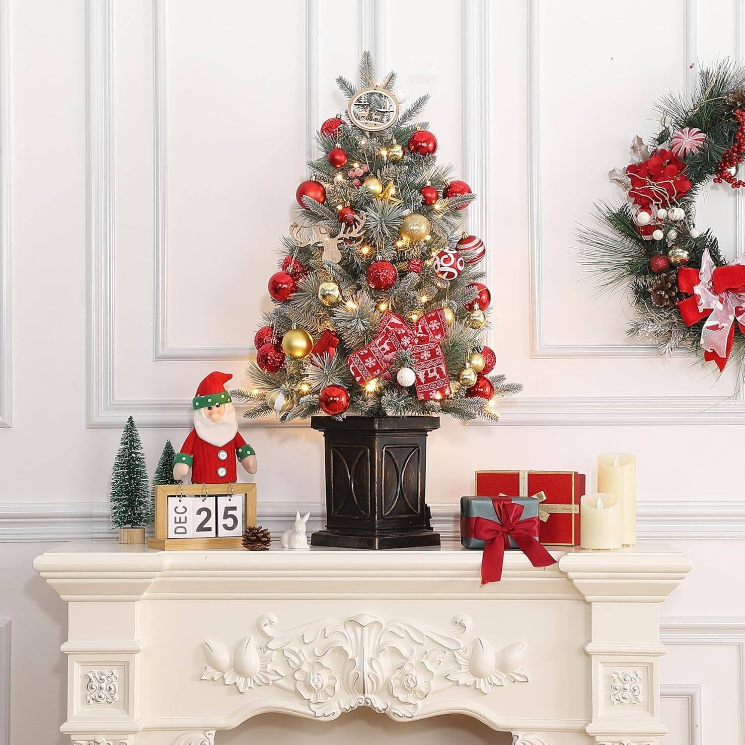 Front. Maxxis Merch - 3ft Pre-Lit Artificial Mini Christmas Tree with Vintage Potted Base,Christmas Tree with Flocked - GREEN.