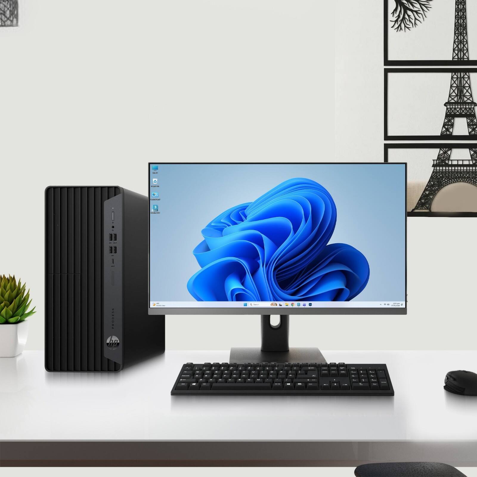 Alt View 2. HP - G6 Tower Desktop PC | Intel Core i5-10th 3.1GHz | 16GB DDR4 RAM | 128GB + 1TB HDD | 22" LED | KB & Mouse | WiFi | Win11 - Black.
