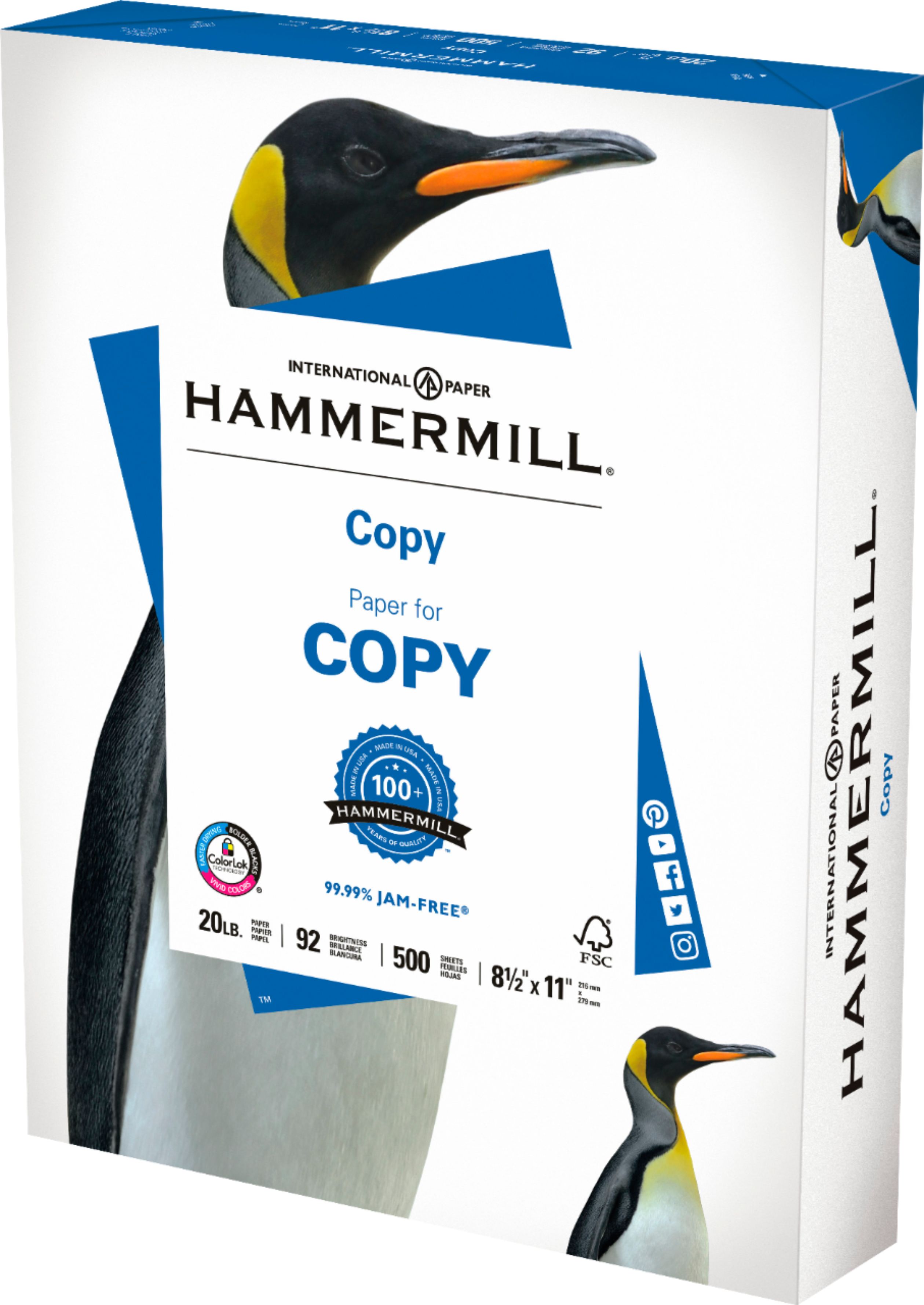 Hammermill White 92 Bright Copy Plus Print Paper, 8.5 x 11 inch - 500 sheets  per ream -- 5 reams per case