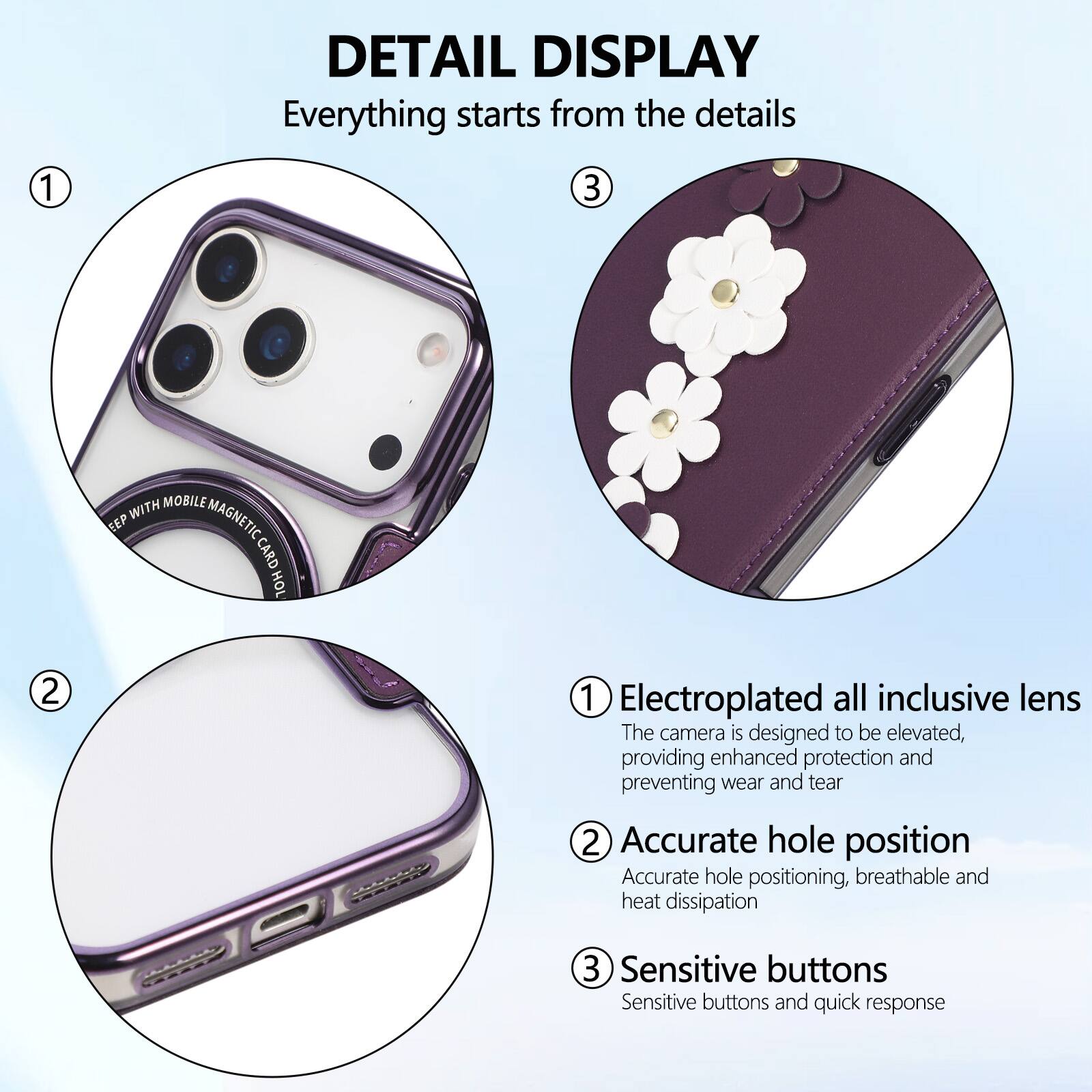 DETAIL DISPLAY  
Everything starts from the details  

1. Electroplated all inclusive lens  
The camera is designed to be elevated, providing enhanced protection and preventing wear and tear  

2. Accurate hole position  
Accurate hole positioning, breathable and heat dissipation  

3. Sensitive buttons  
Sensitive buttons and quick response