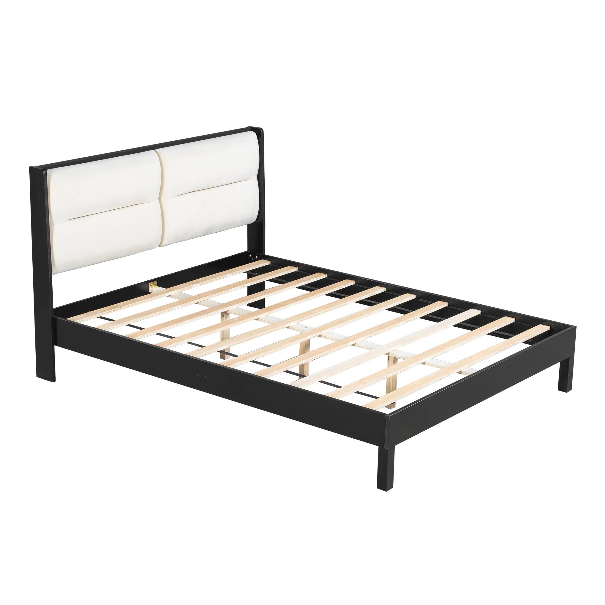Back. Whisen - Queen Size Platform Bed Frame with Velvet Upholstered Headboard, No Box Spring Needed - Black.