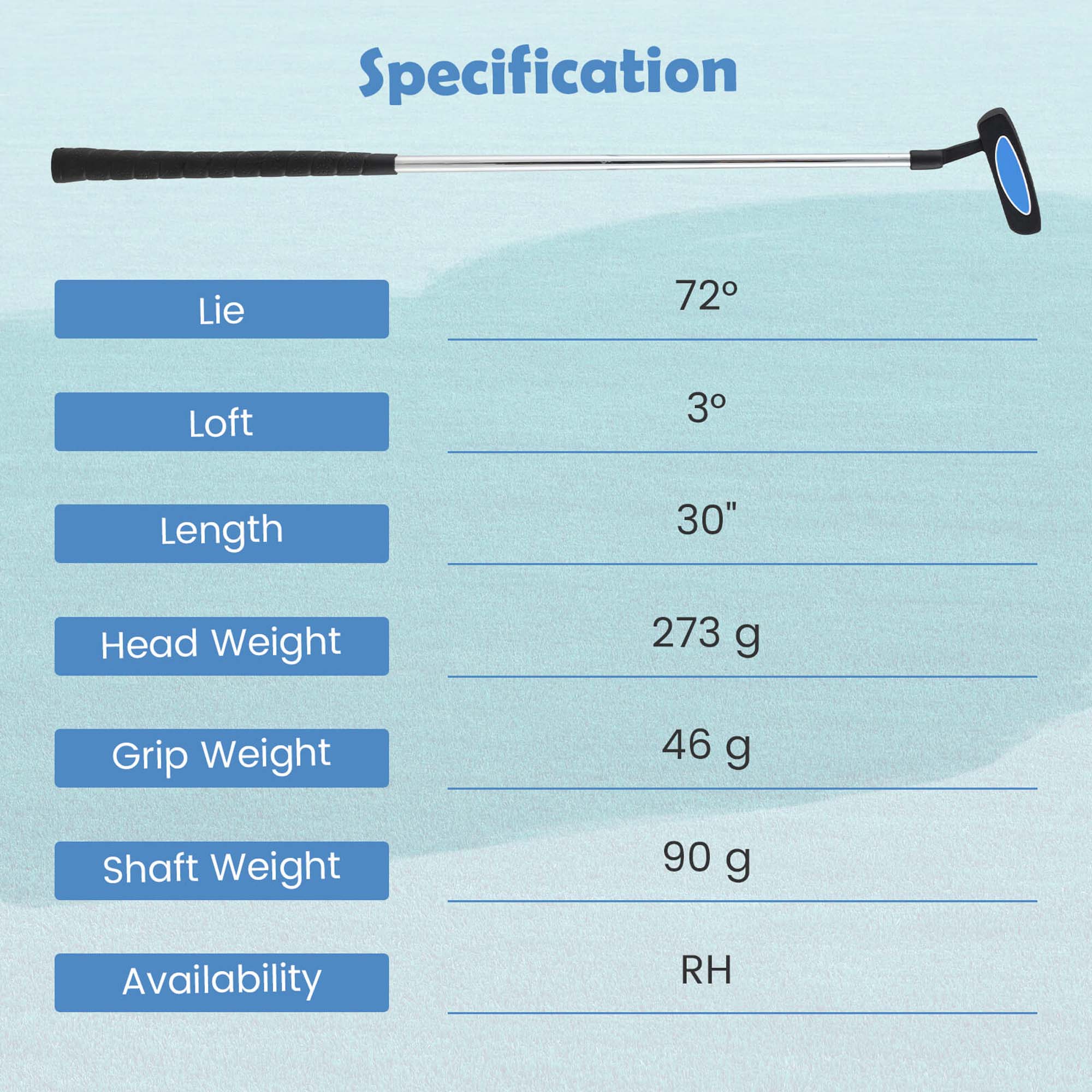 Specification

- Lie: 72°
- Loft: 3°
- Length: 30"
- Head Weight: 273 g
- Grip Weight: 46 g
- Shaft Weight: 90 g
- Availability: RH