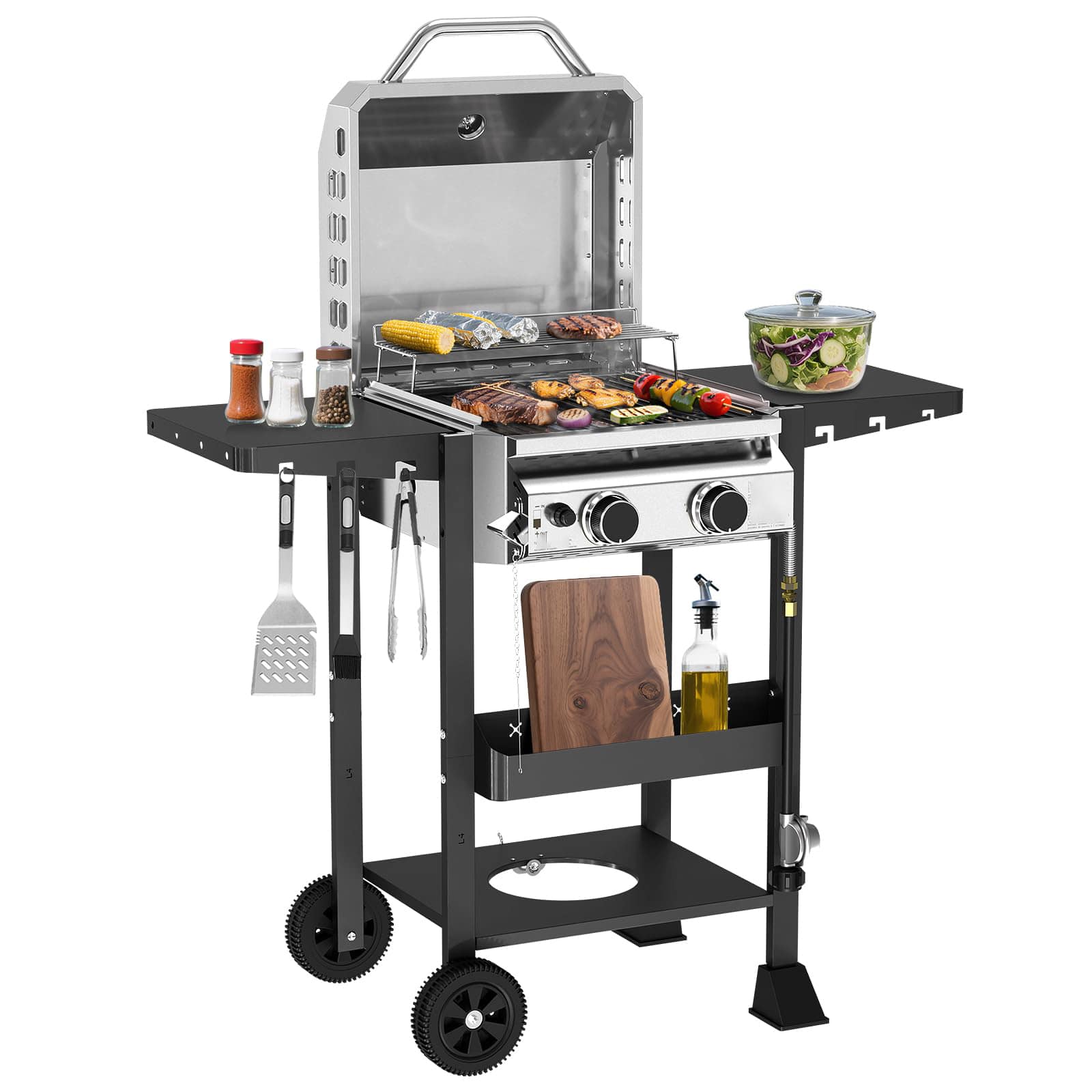 GlowWise - 2-Burner, 16,000 BTU Portable Propane Grill, Stainless Steel with Lid, Wheels, Side Shelves & Hooks for Patio, Camping - Blank